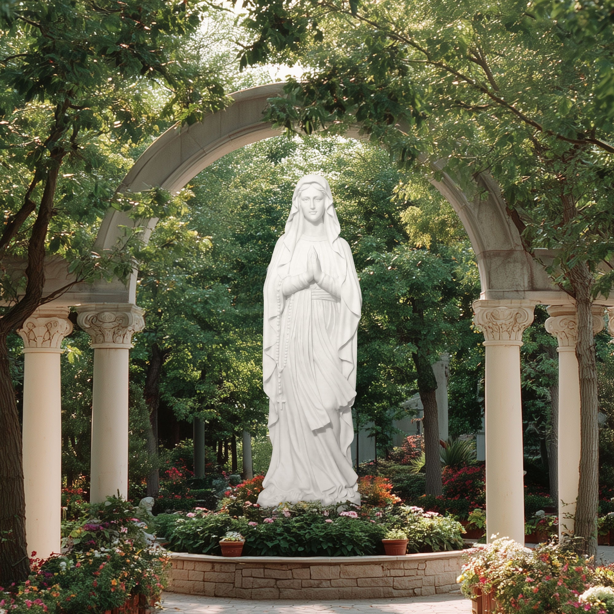 Our Lady of Lourdes marble statue standing in prayer in a garden setting, full white marble devotional sculpture