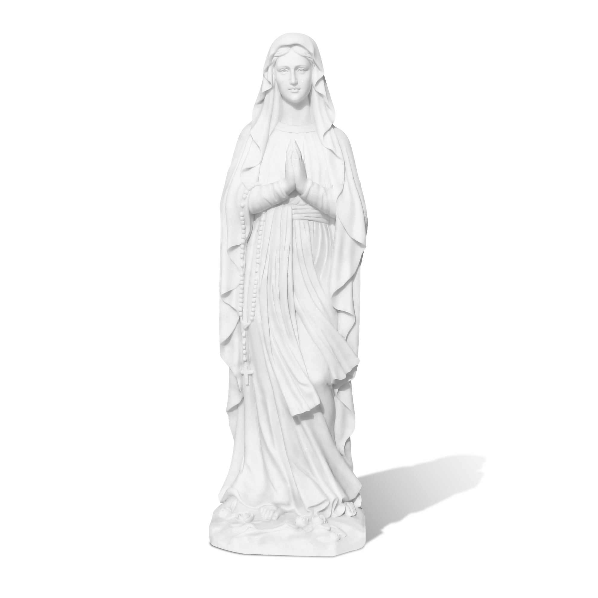 Our Lady of Lourdes Virgin Mary marble statue in prayer pose, white marble religious sculpture with flower pedestal