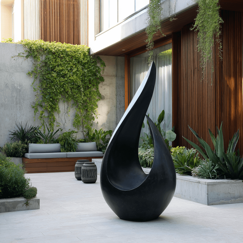 Modern outdoor setting with a black sculpture, garden furniture, and plants.