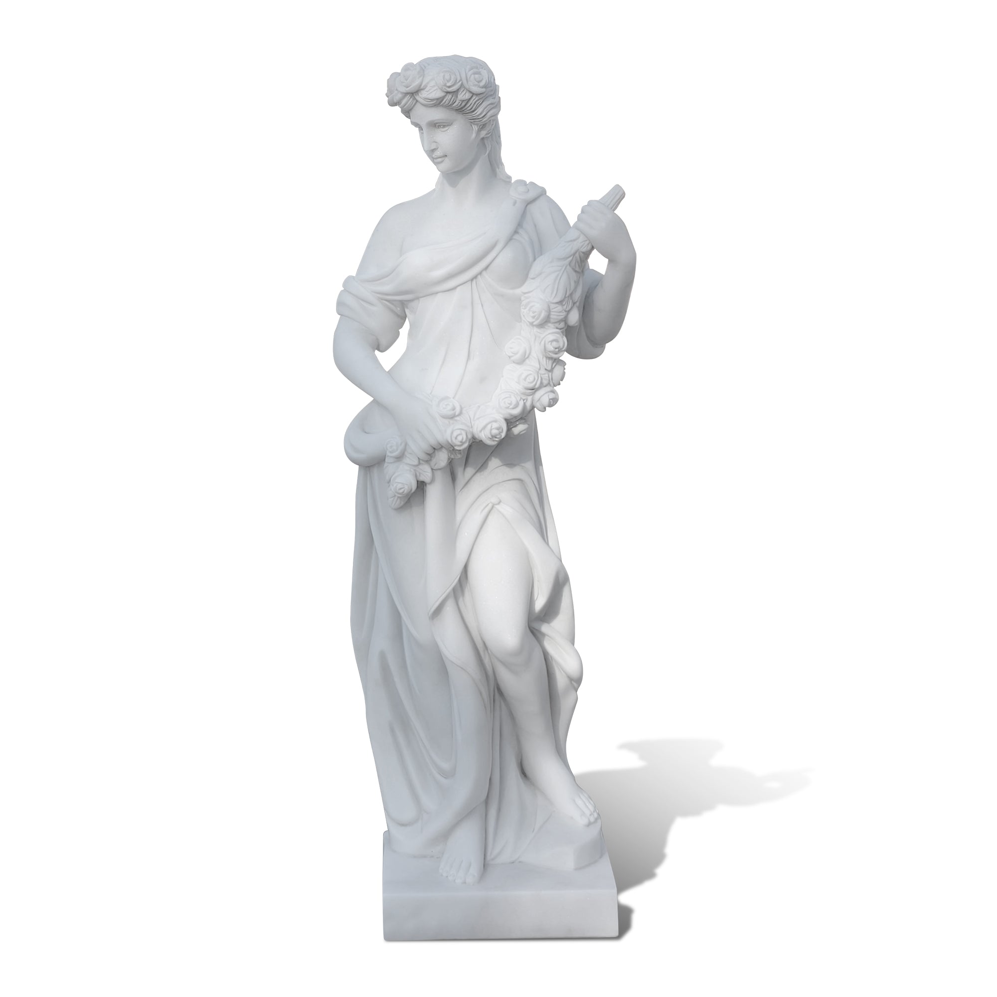 Marble Spring statue holding a detailed floral garland