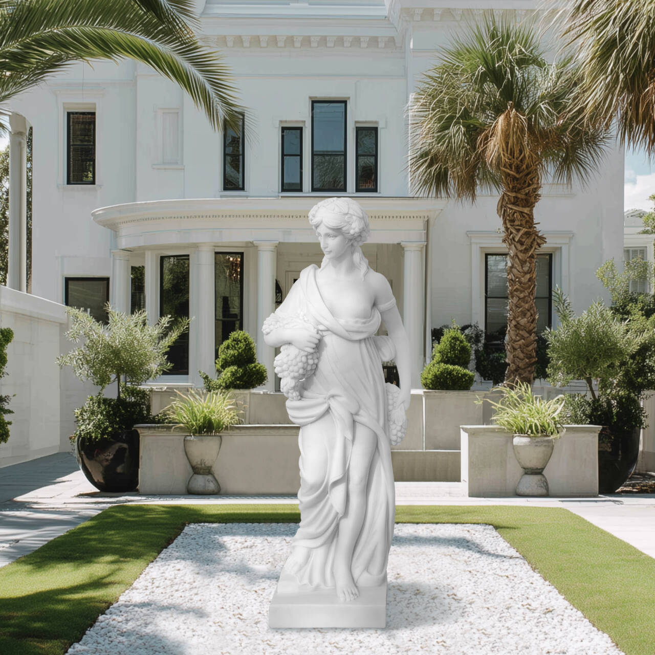 marble autumn goddess statue holding grapes in garden landscape, classical four seasons sculpture for courtyard décor