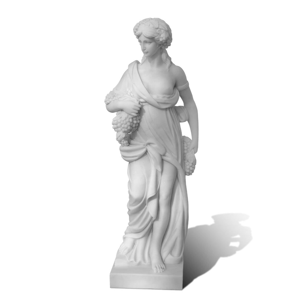 hand carved marble autumn goddess sculpture holding grape clusters, seasonal statue design for villa gardens and estates