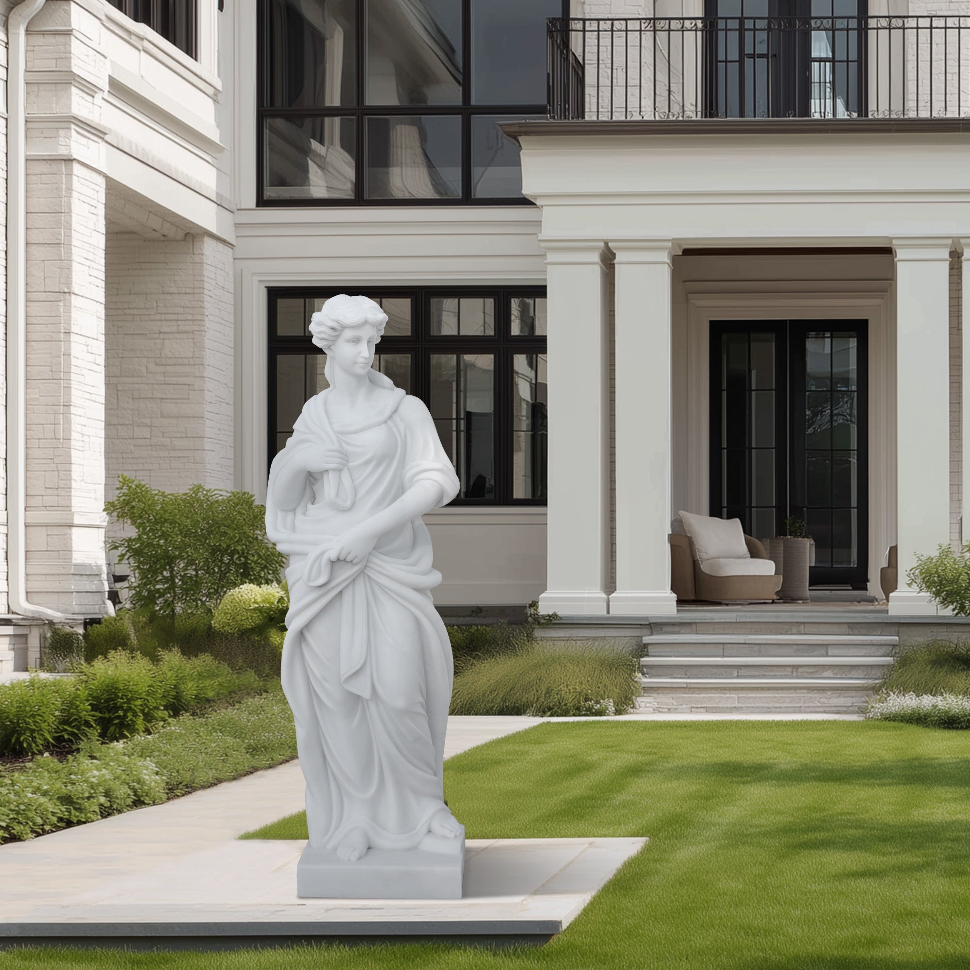 marble winter goddess statue placed in villa garden, hand carved stone sculpture adding classical beauty to landscape
