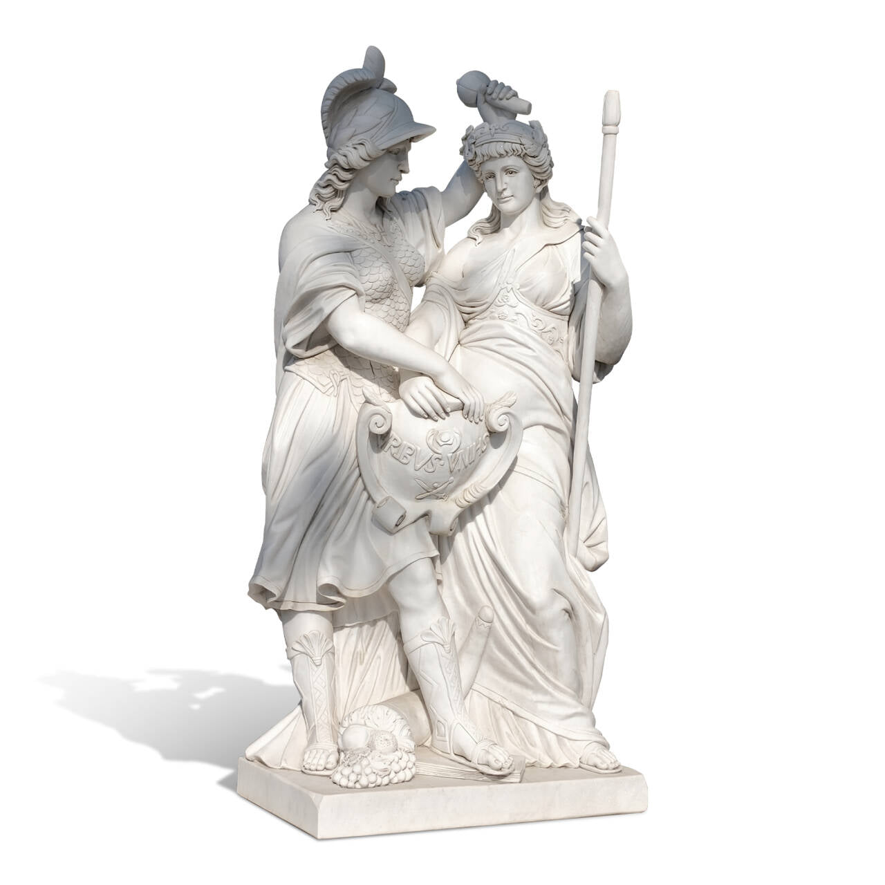 White marble carving of a helmeted warrior woman presenting a shield while her companion holds a staff, both rendered with fine classical drapery.