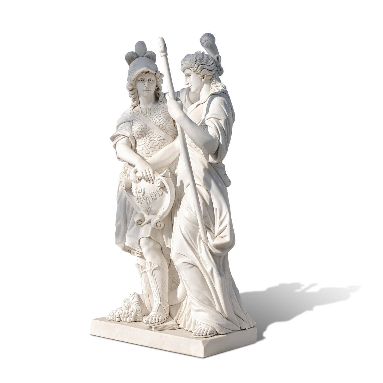 Marble statue of a female warrior in helmet and armor standing beside a crowned woman with staff, both sharing a classical shield of unity