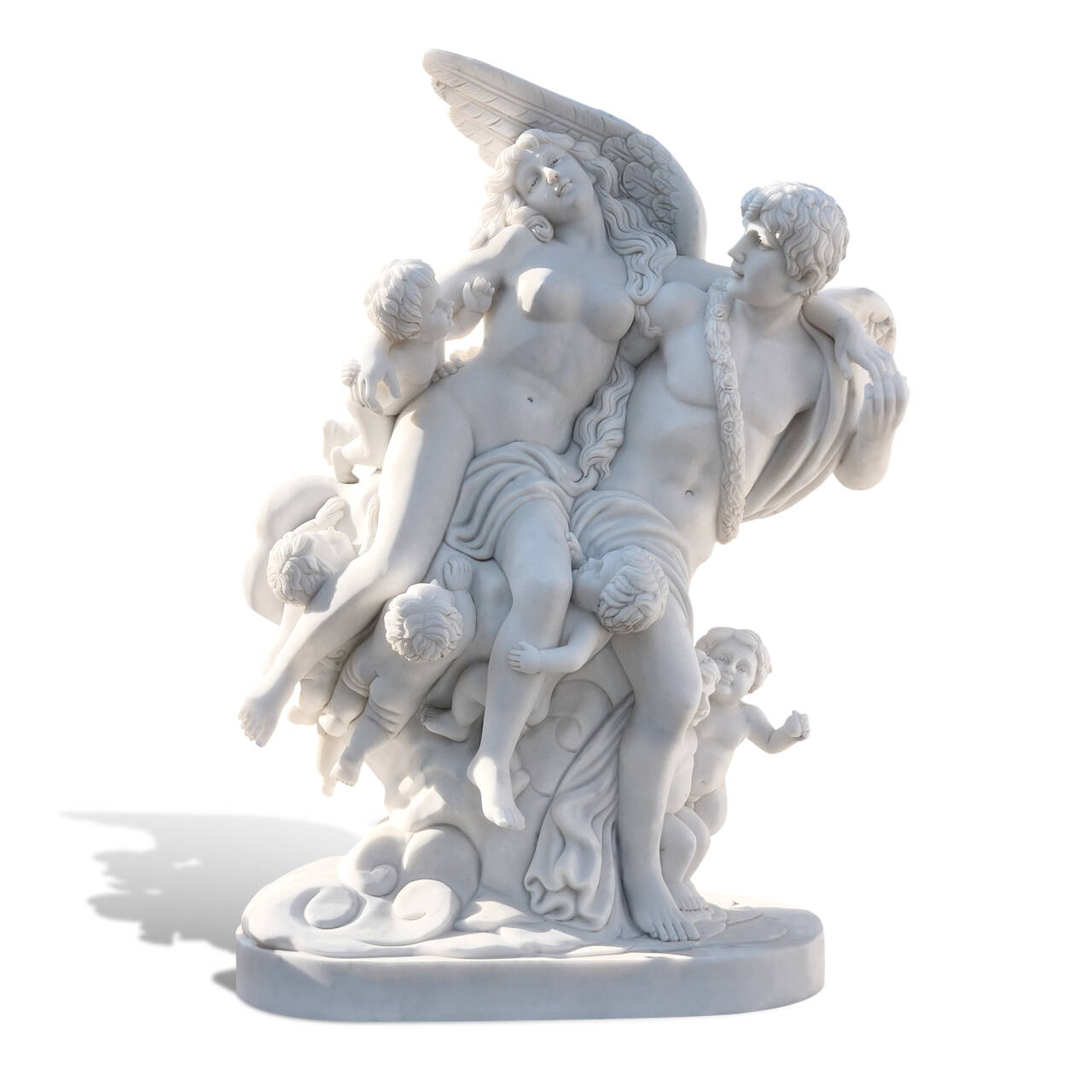 Marble group sculpture of Cupid embracing Psyche with detailed wings and flowing drapery