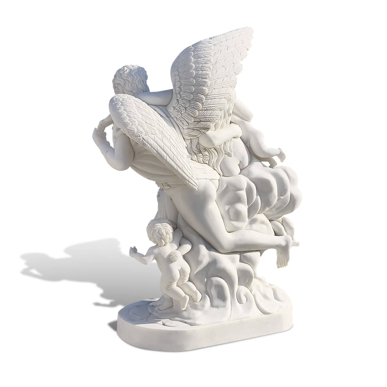 Classical marble statue showing Cupid lifting Psyche, with intricate folds and lifelike form back view