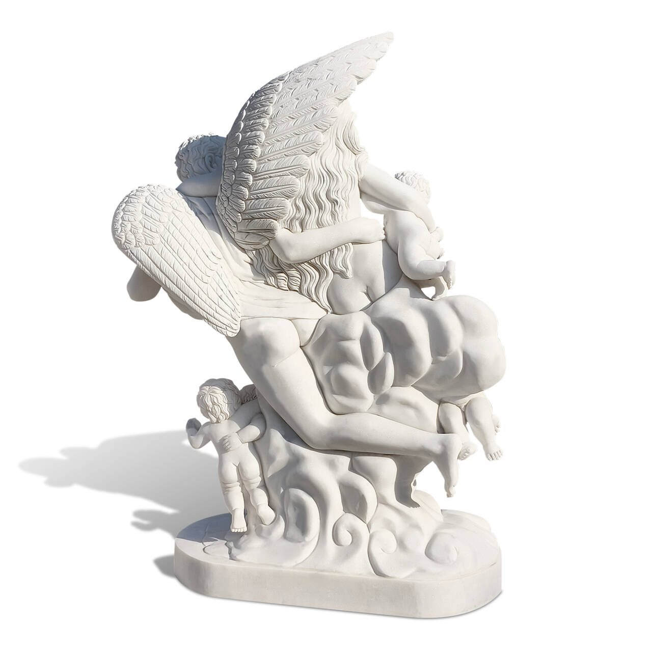 Marble statue of Cupid and Psyche with winged figure, drapery, and putti in Clodion style back view