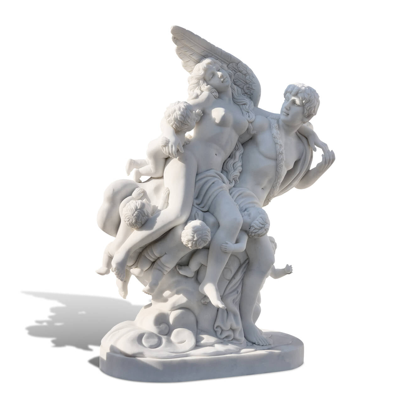 Hand-carved marble statue depicting mythological lovers Cupid and Psyche 