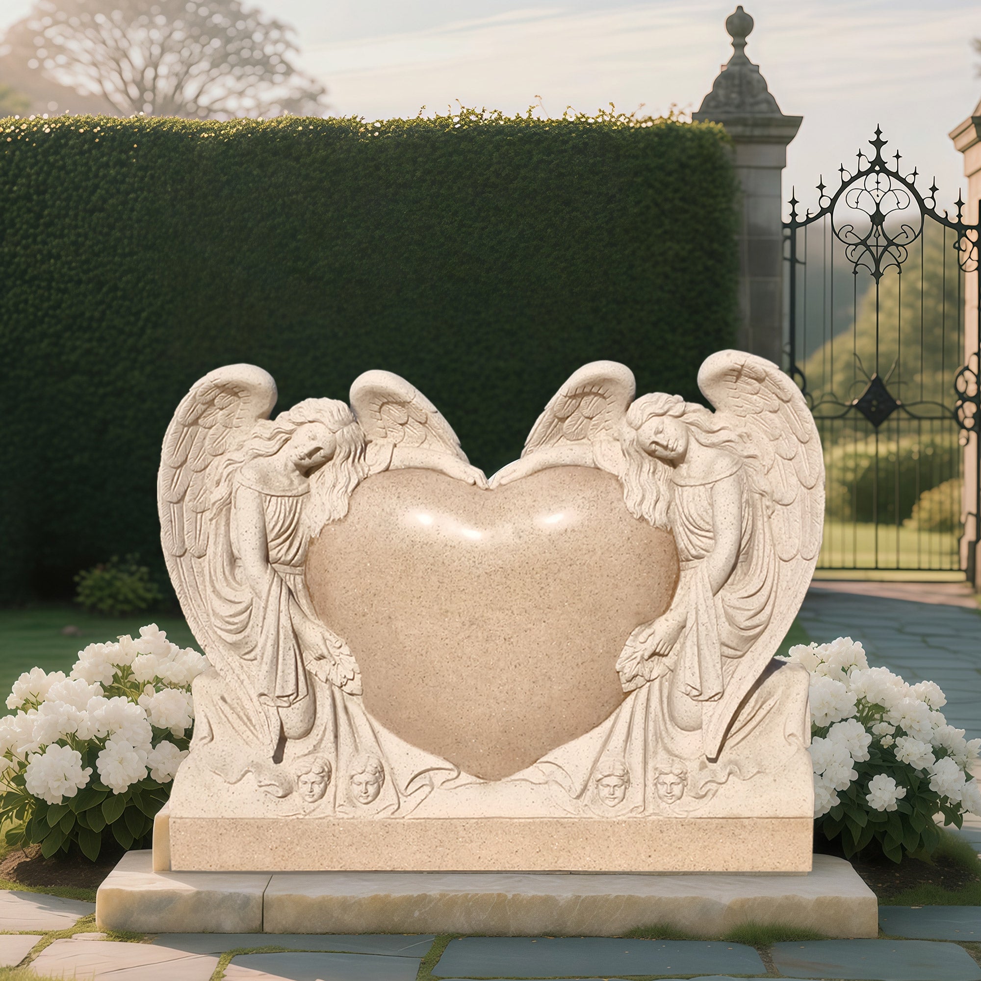 sesame red granite heart angel headstone with two carved angels leaning toward a polished heart symbolizing love guardianship and custom engraving option
