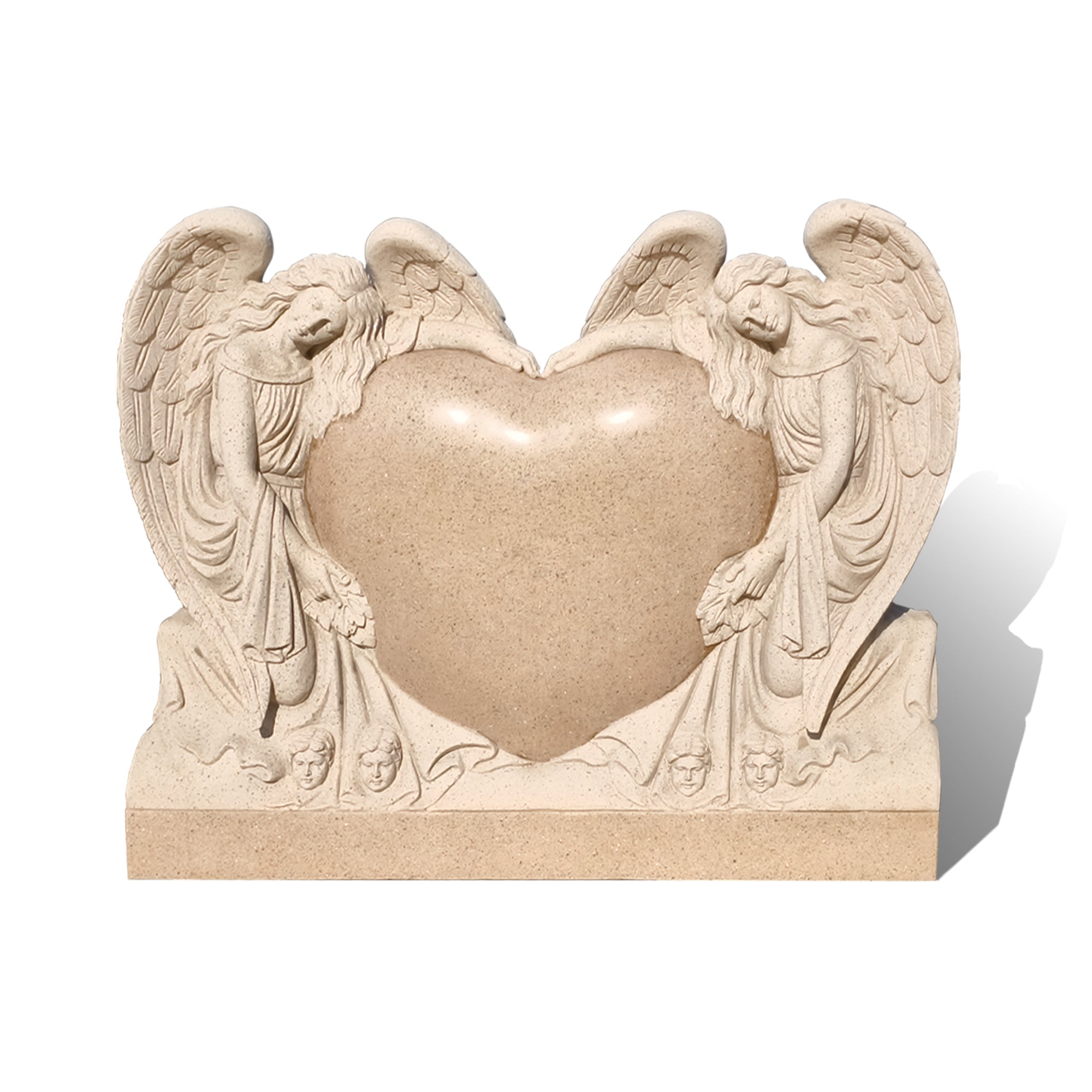 front view of a sesame red granite heart angel memorial showing detailed wing carving and smooth heart panel for inscriptions
