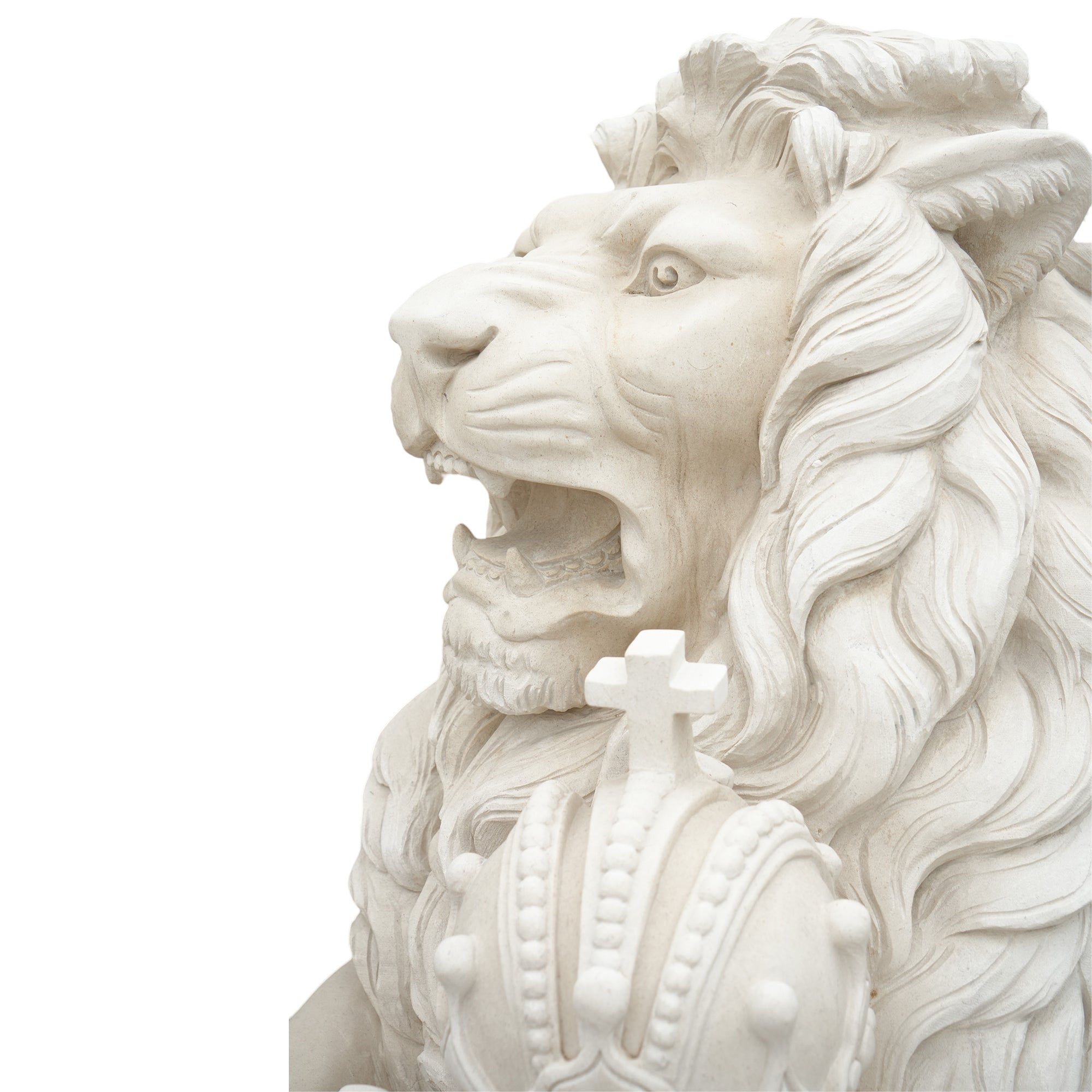 Close-up view of the lion's face, highlighting its fierce expression and detailed mane, with the crown visible in the lion's paw, gripping a heraldic shield.