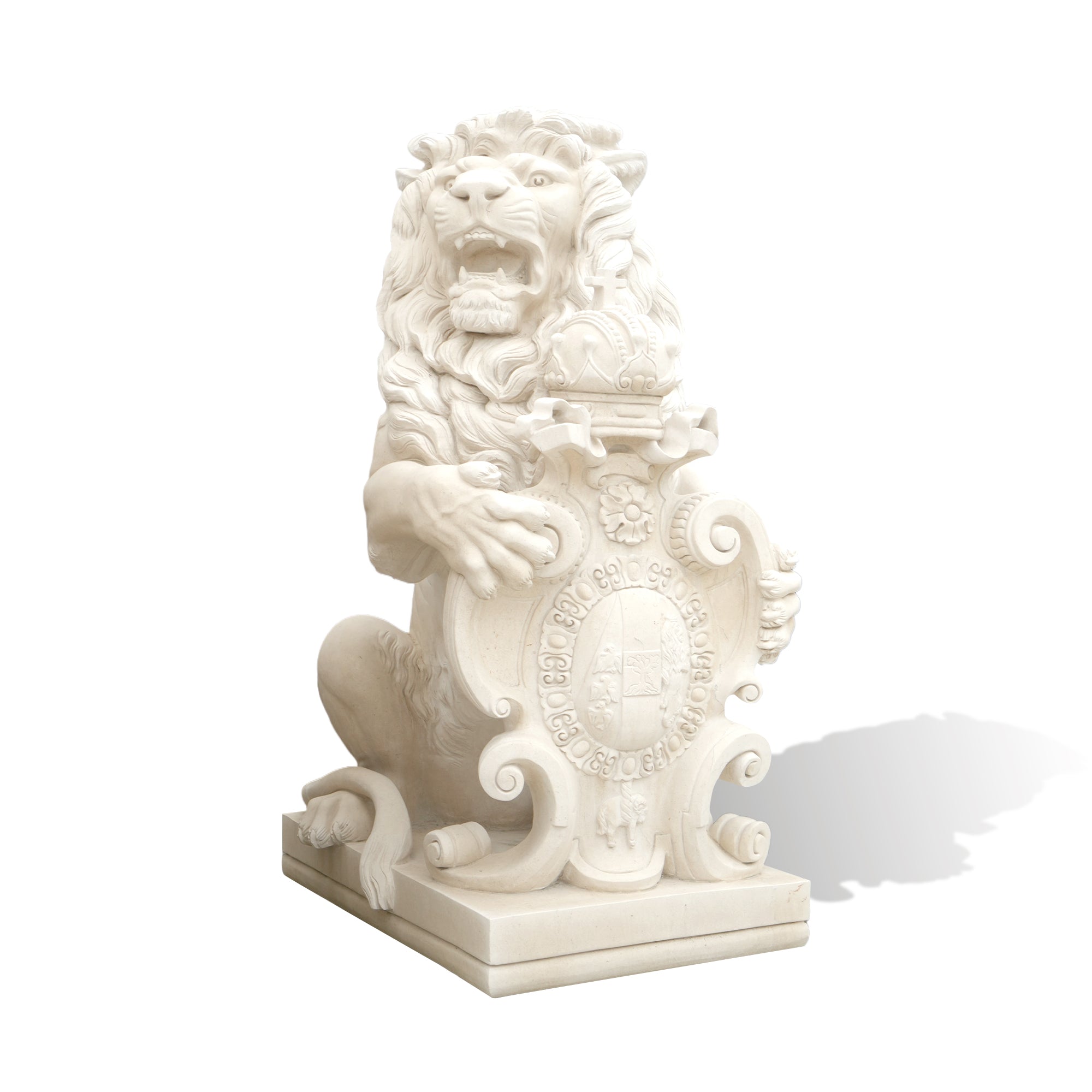 Side view of the lion sculpture, showing its detailed mane and powerful pose, with the lion’s paw gripping a heraldic shield.