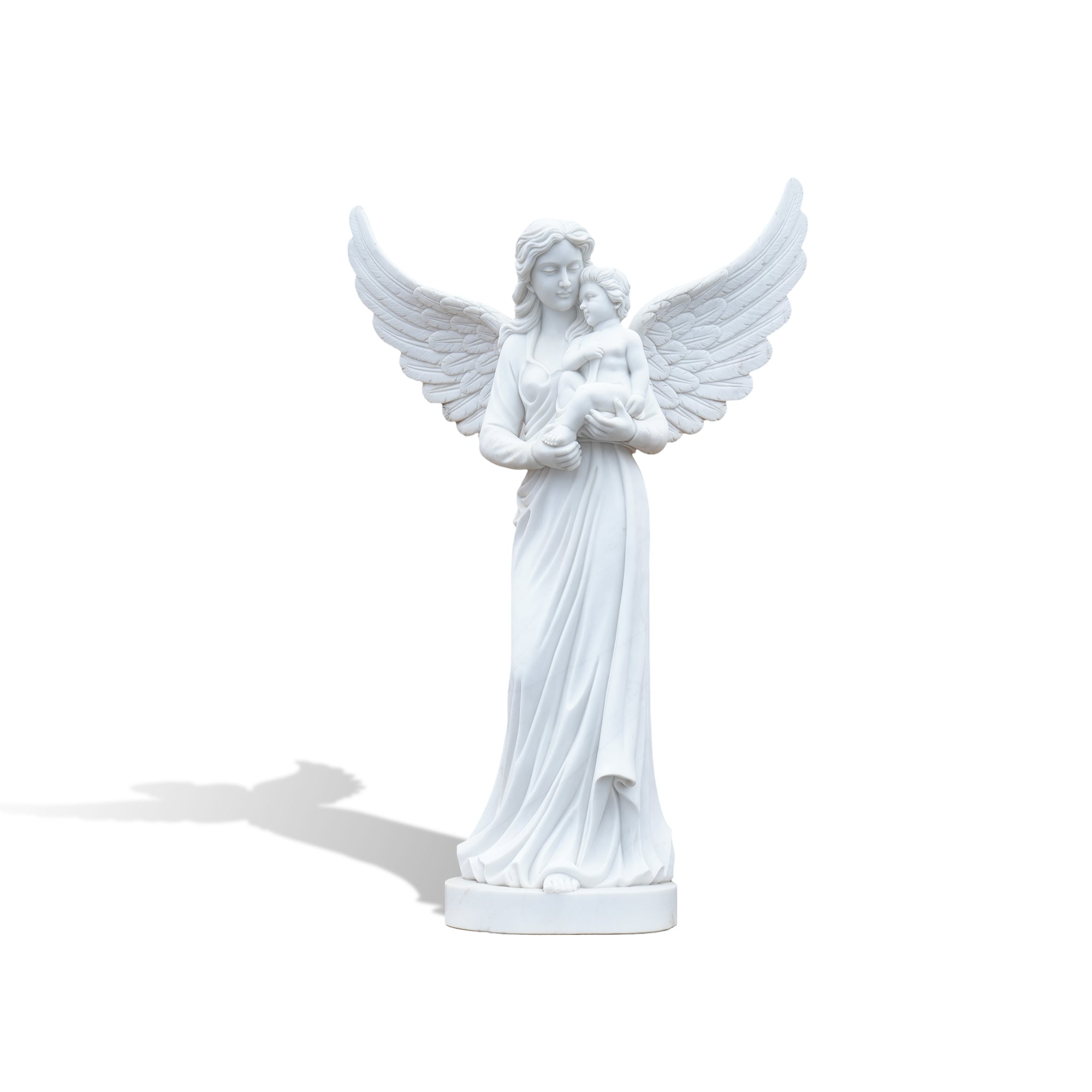 A marble angel sculpture with wings, gently holding a child, standing as a beautiful symbol of eternal love and remembrance at a memorial.