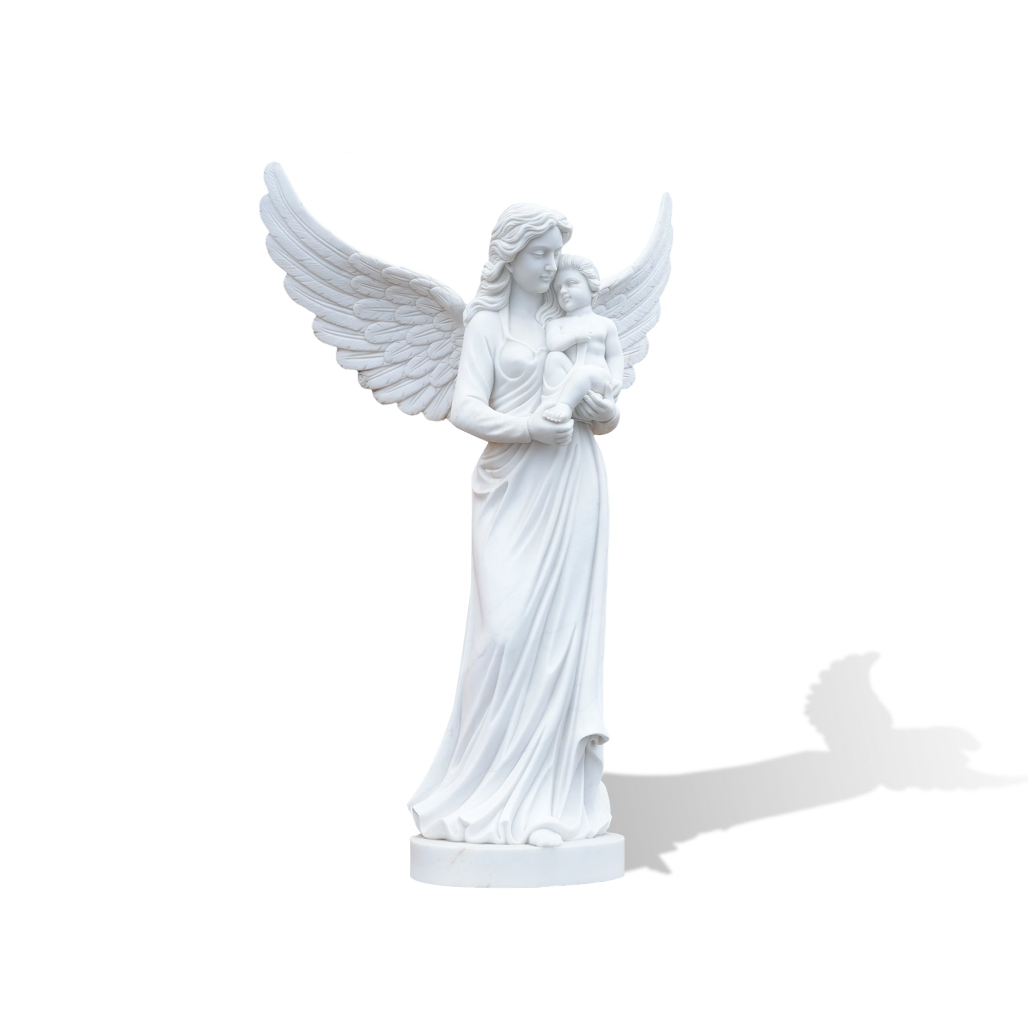A graceful white marble angel sculpture cradling a child in her arms, symbolizing maternal love and peace in memorial art.