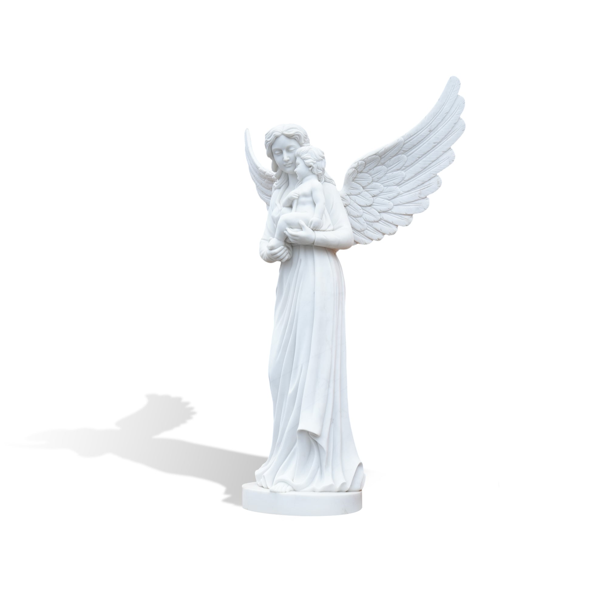 White marble angel statue with large wings holding a child, symbolizing protection, love, and spiritual guardianship.