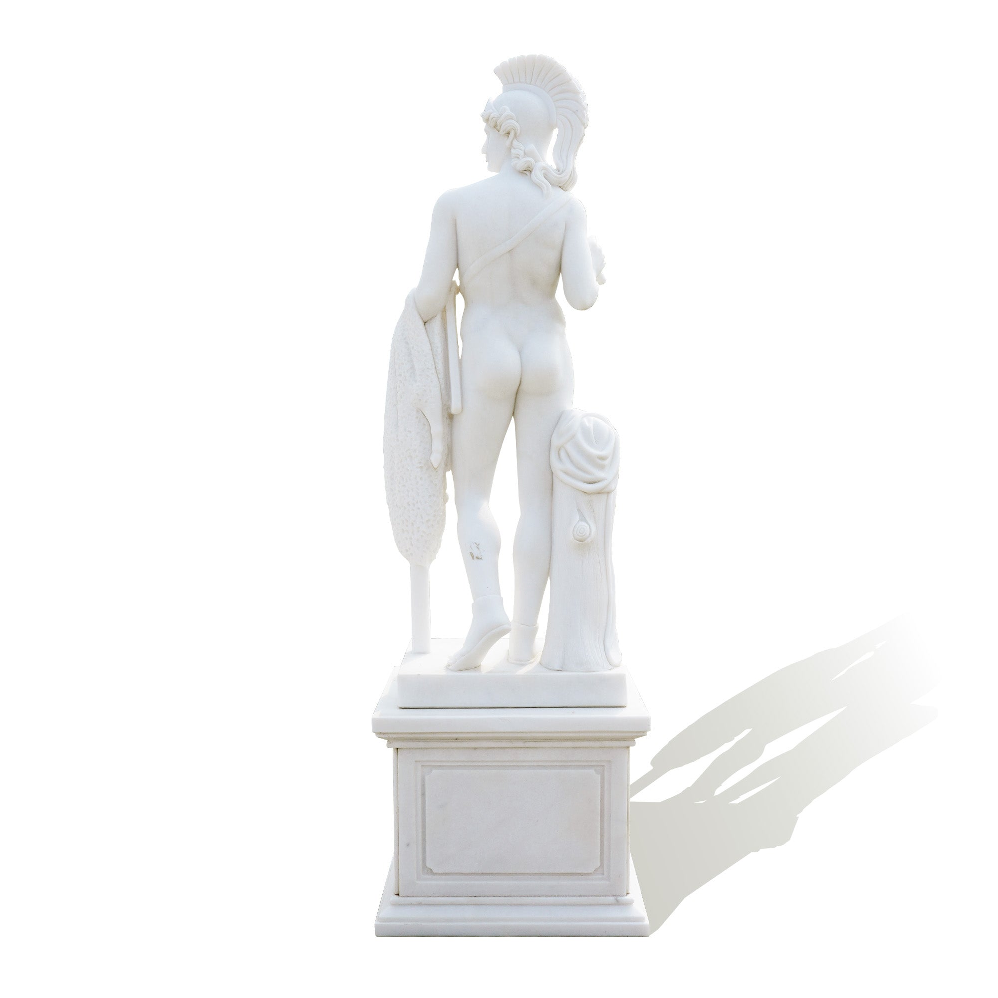 Back view of the Achilles sculpture, crafted from white marble, highlighting the intricate details of the warrior’s stance and shield.