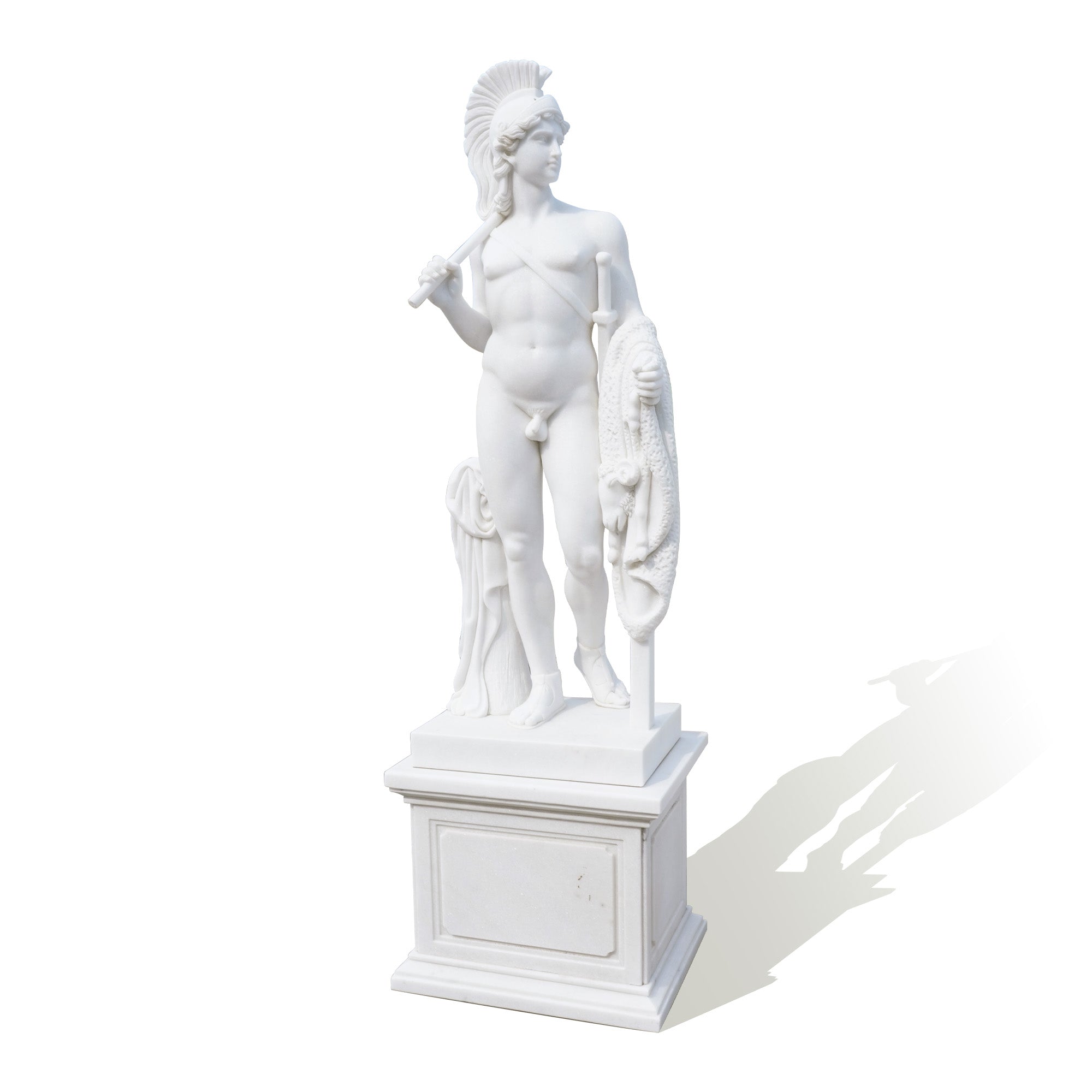 A white marble Achilles sculpture, standing with a shield and spear, exuding strength and ancient Greek warrior spirit.