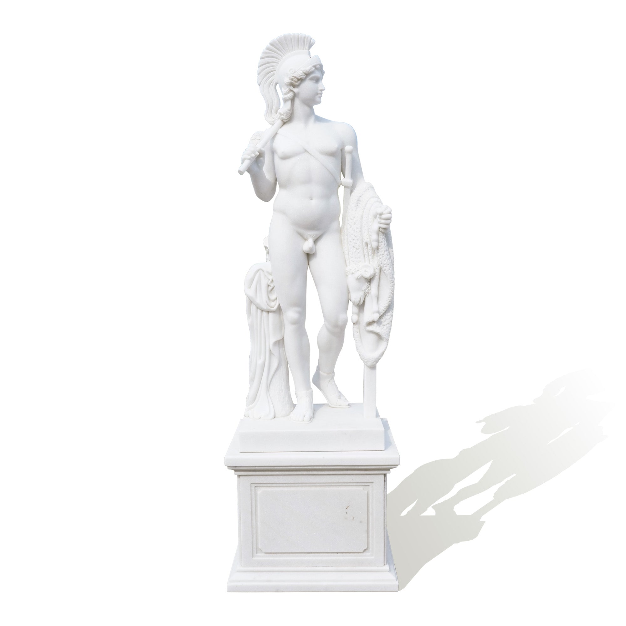 A detailed white marble statue of Achilles, showcasing the warrior holding a shield and spear, with a clean, isolated background.