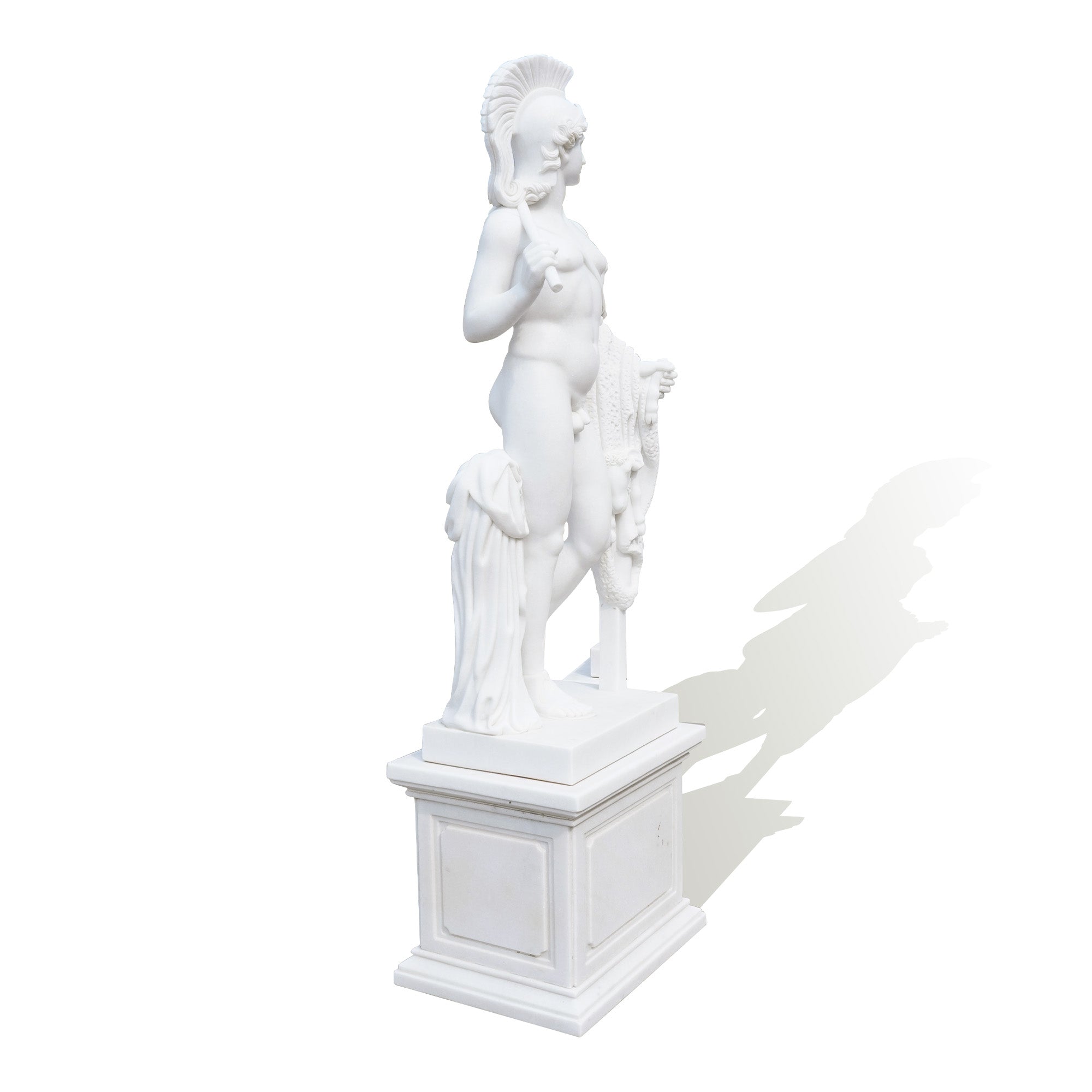Side view of a white marble Achilles statue, showing fine details in the warrior’s posture and features, with a spear and shield.