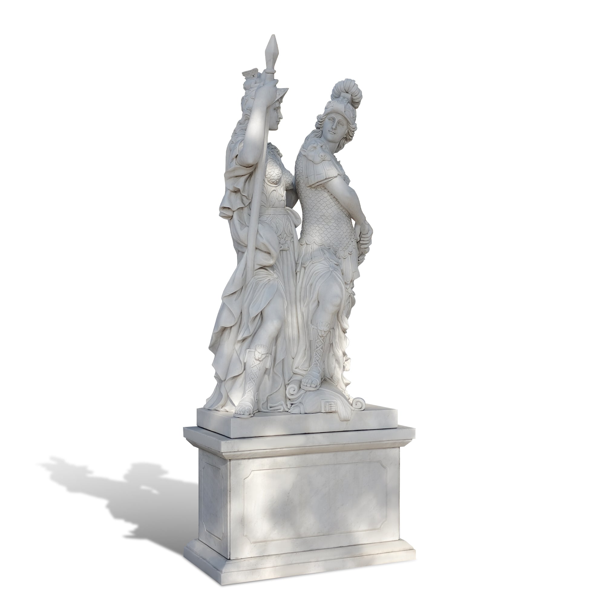 female warriors white marble classical statue detailed armor and drapery placed on stone pedestal