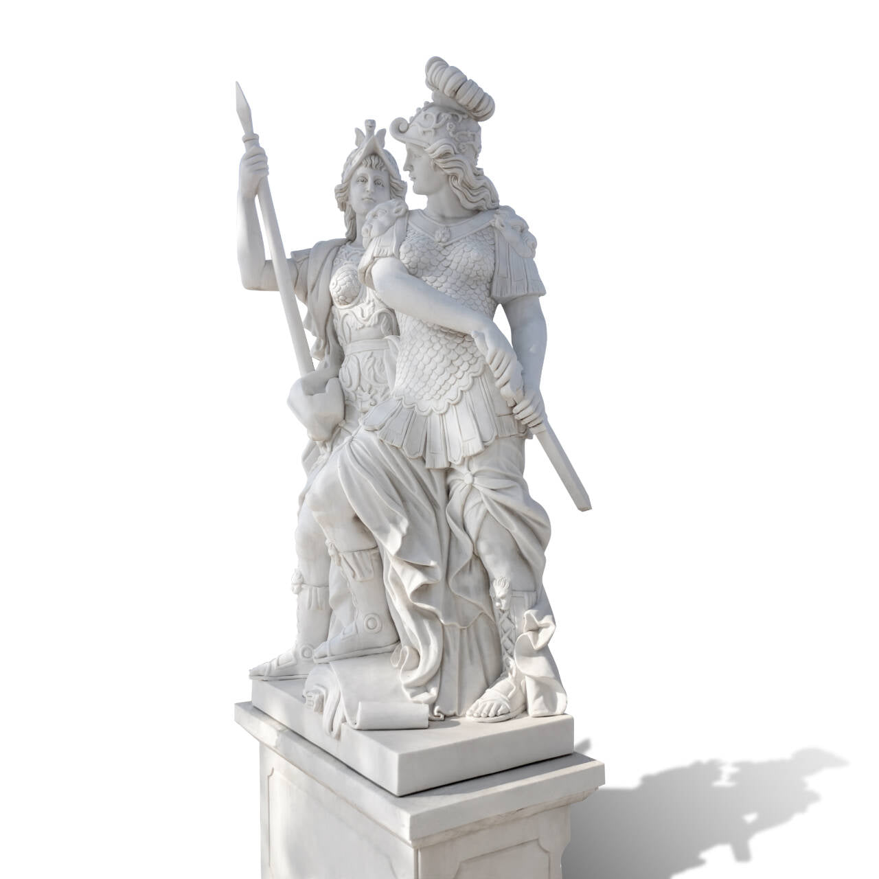 greek style female warriors marble statue twin heroines with helmets and armor standing on carved base