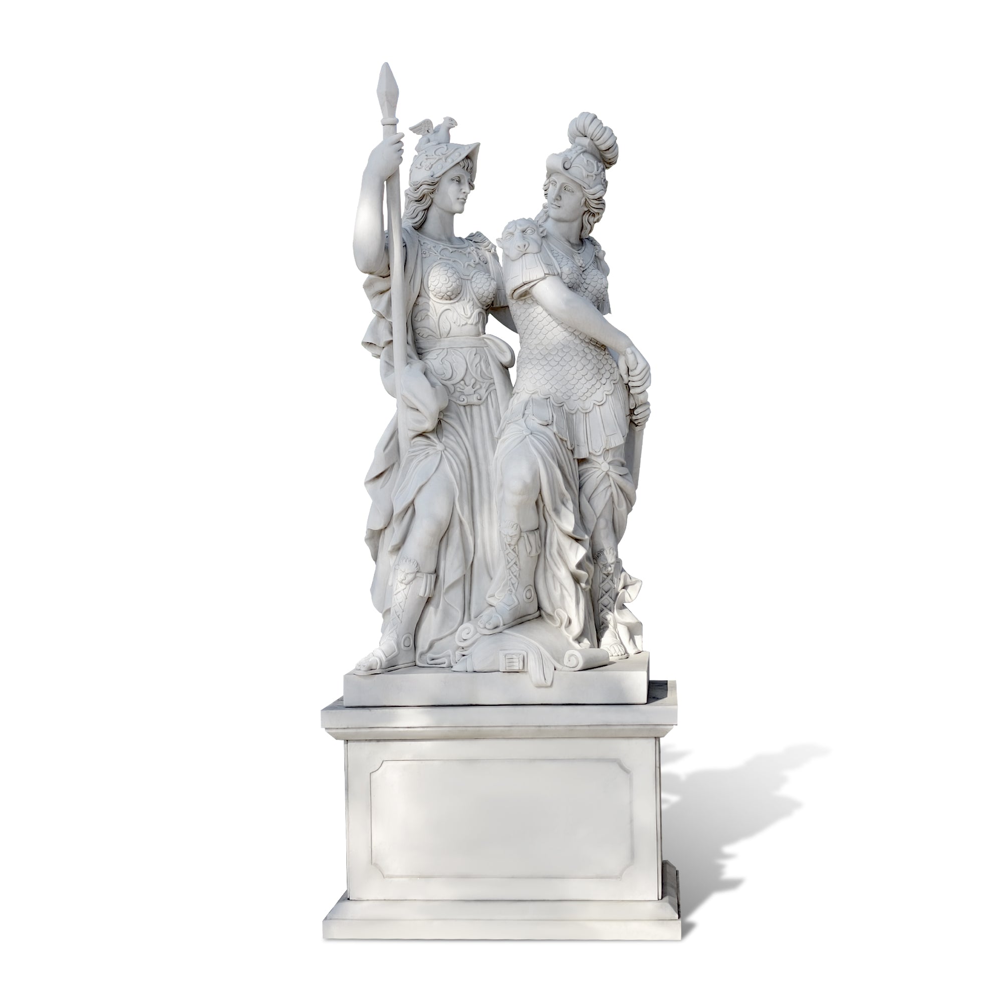marble female warriors statue with helmets armor drapery classical greek style hand carved sculpture