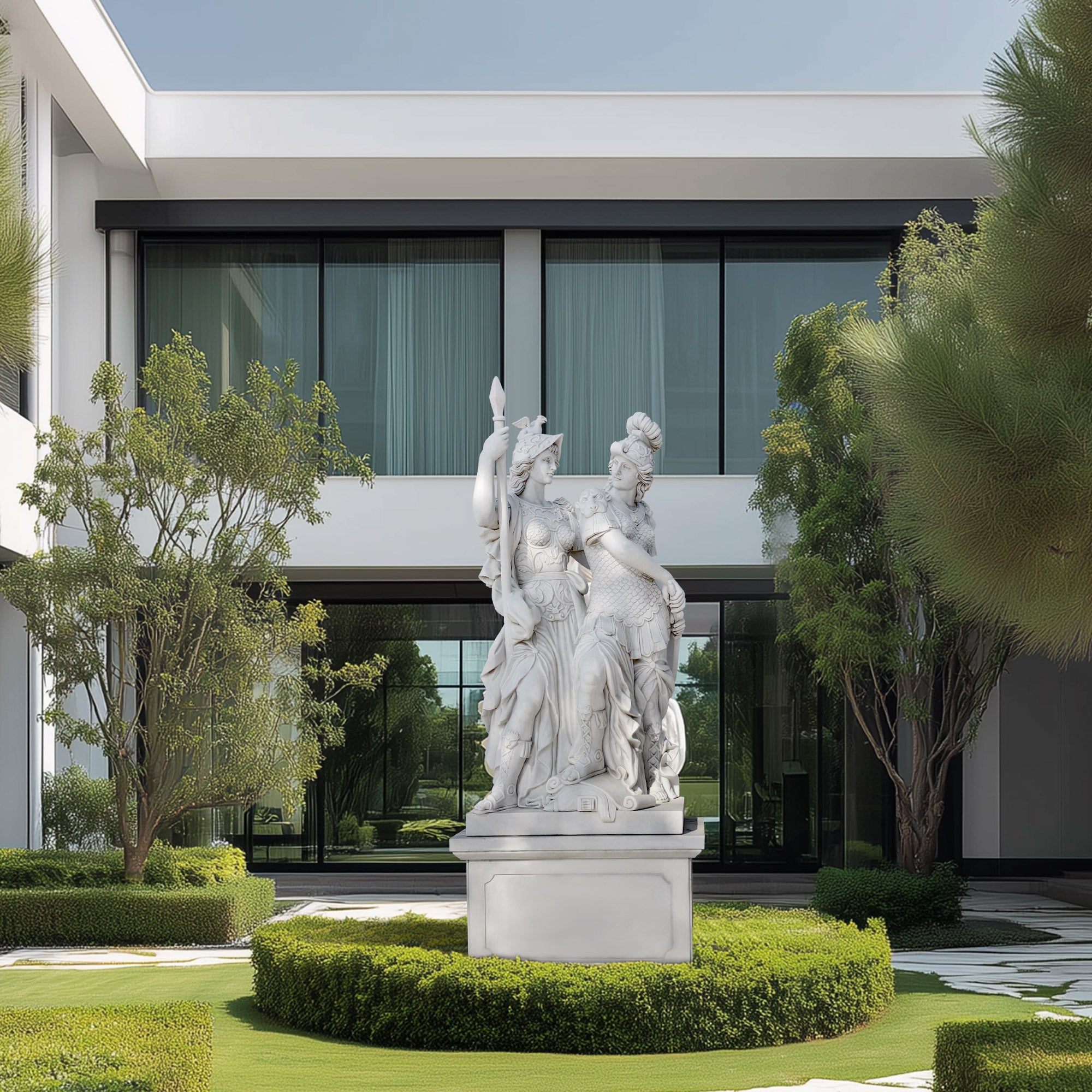 white marble female warriors statue classical greek style sculpture outdoor courtyard display
