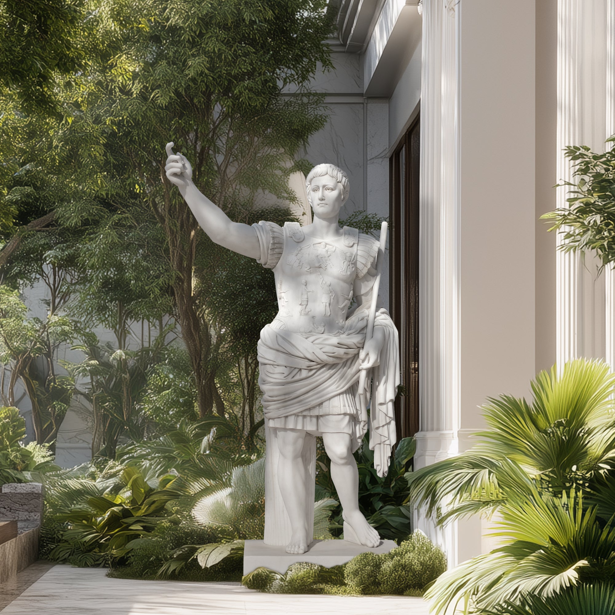 life size augustus of prima porta marble statue roman emperor sculpture in garden courtyard