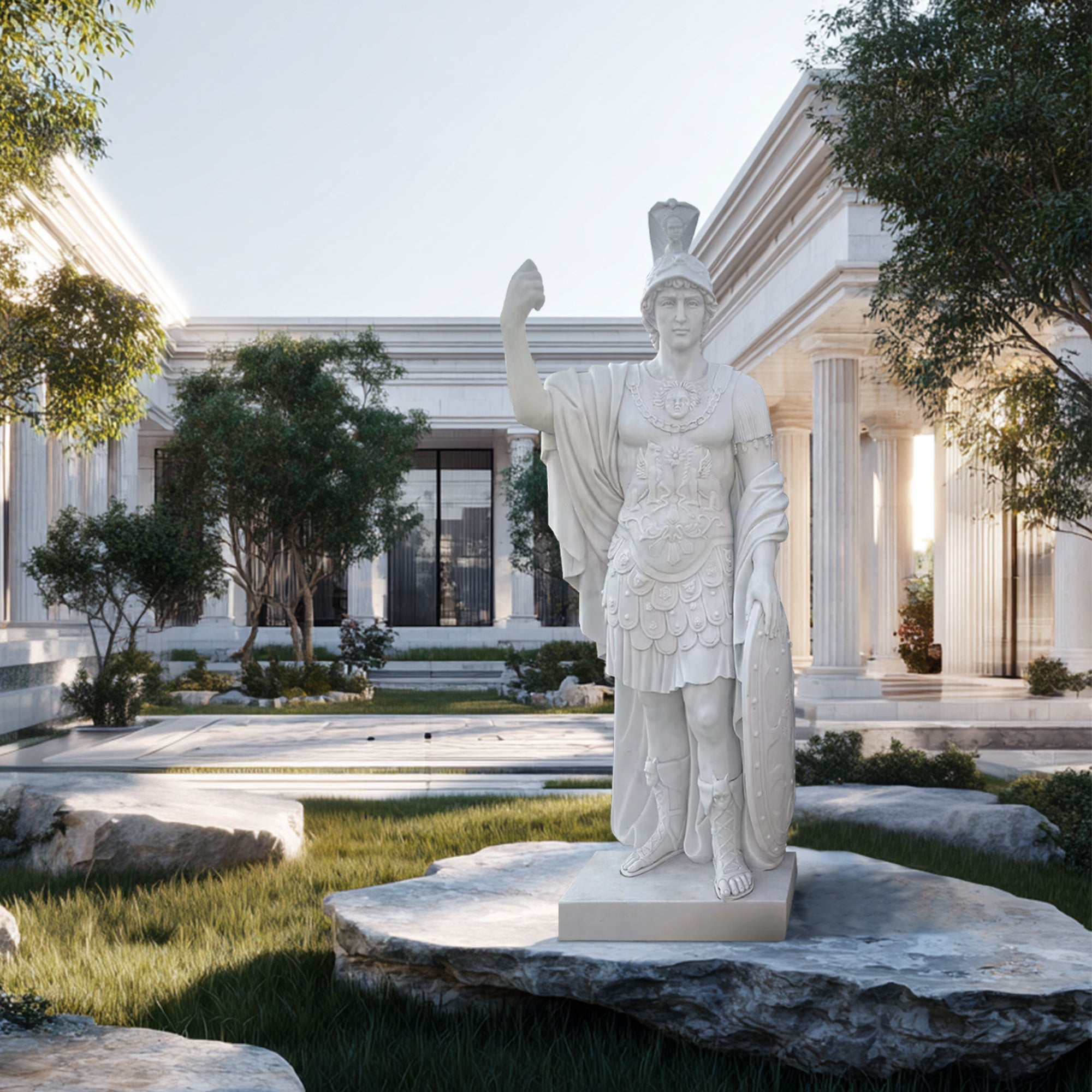 white marble warrior sculpture roman general with helmet and shield displayed in courtyard or estate garden
