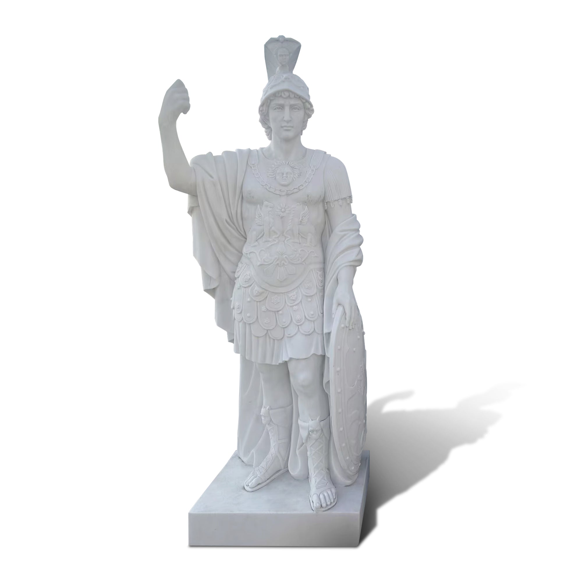 white marble roman general classical warrior statue wearing helmet holding shield hand carved sculpture