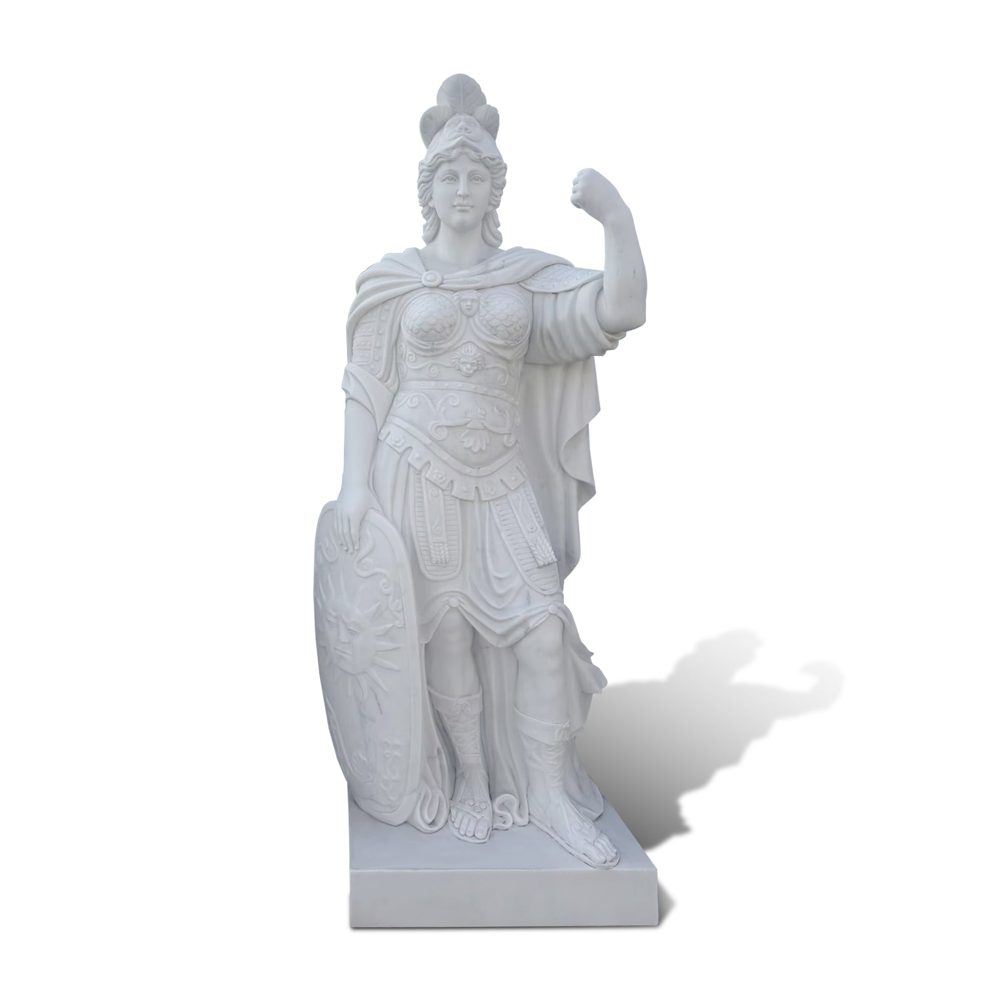 Classical white marble female warrior statue in Roman armor with shield and helmet, ideal for luxury gardens and historical estates.