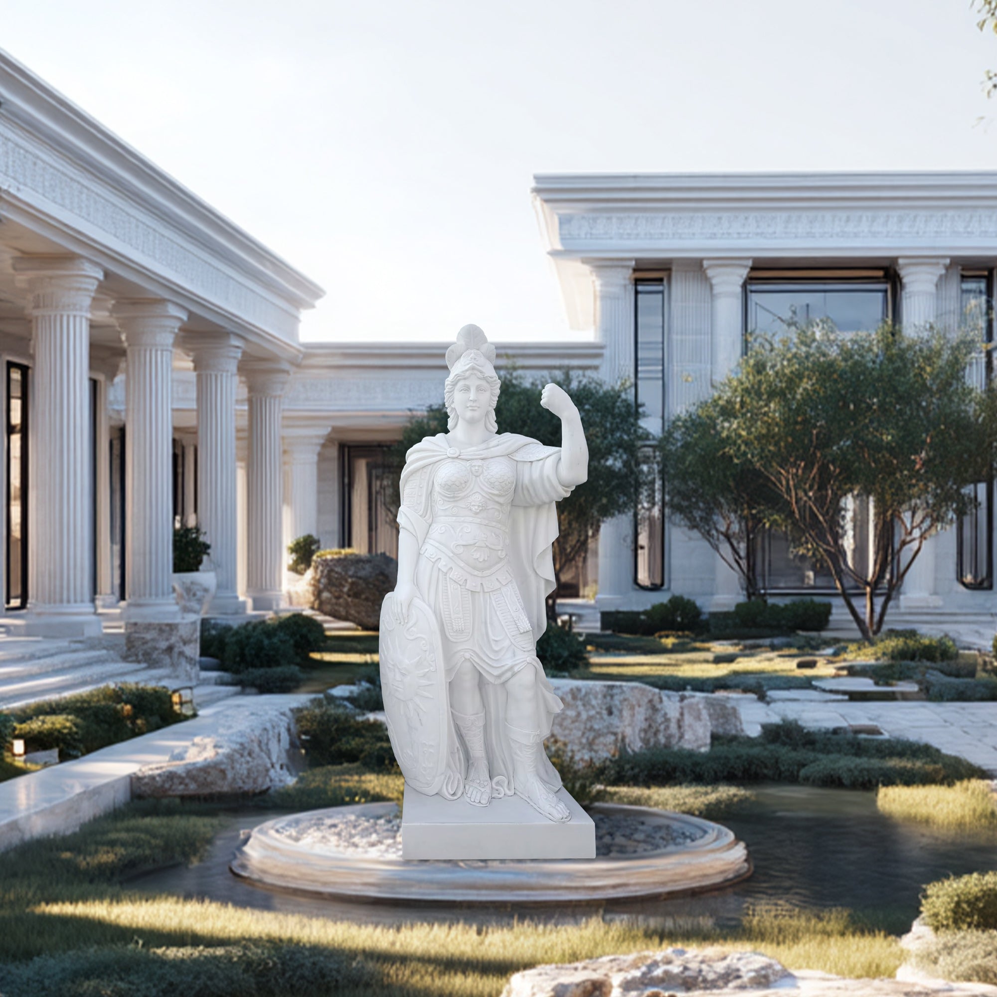 White marble Roman female warrior with shield and flowing drapery, elegant garden and courtyard sculpture