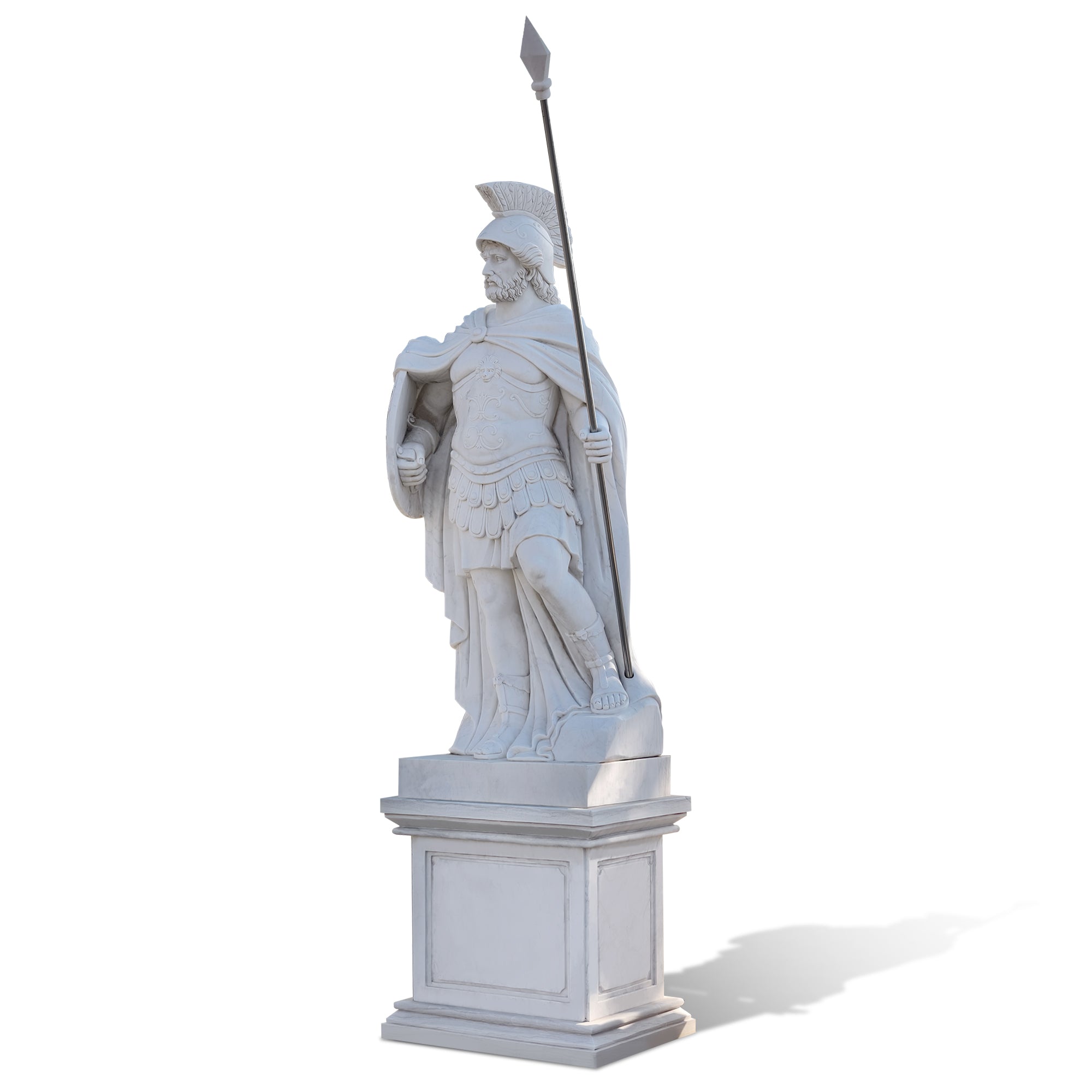white marble roman guardian warrior statue holding spear and shield detailed male figure for luxury garden courtyard and public landmark