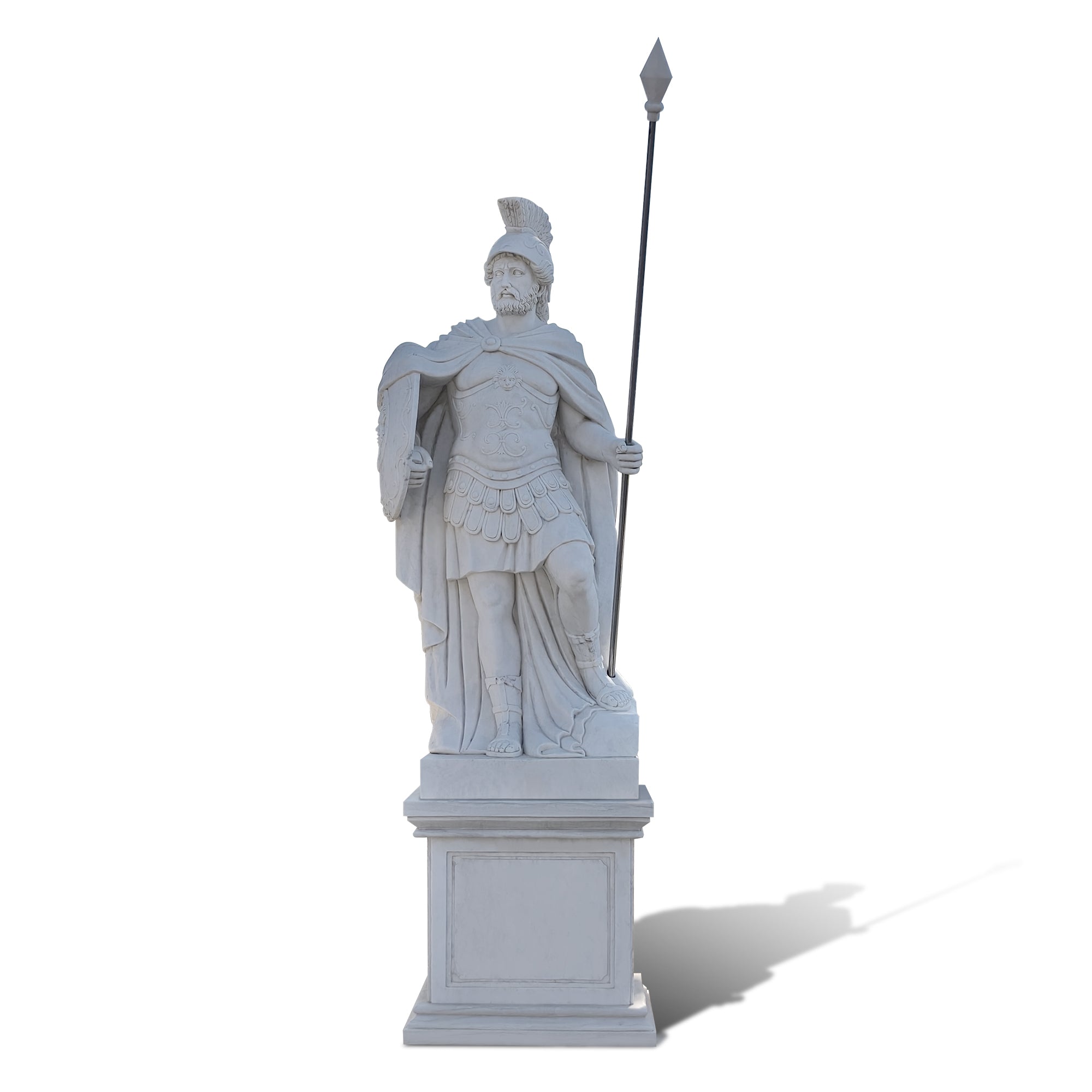 classical roman soldier marble statue wearing helmet with spear and shield timeless warrior sculpture for estate garden display
