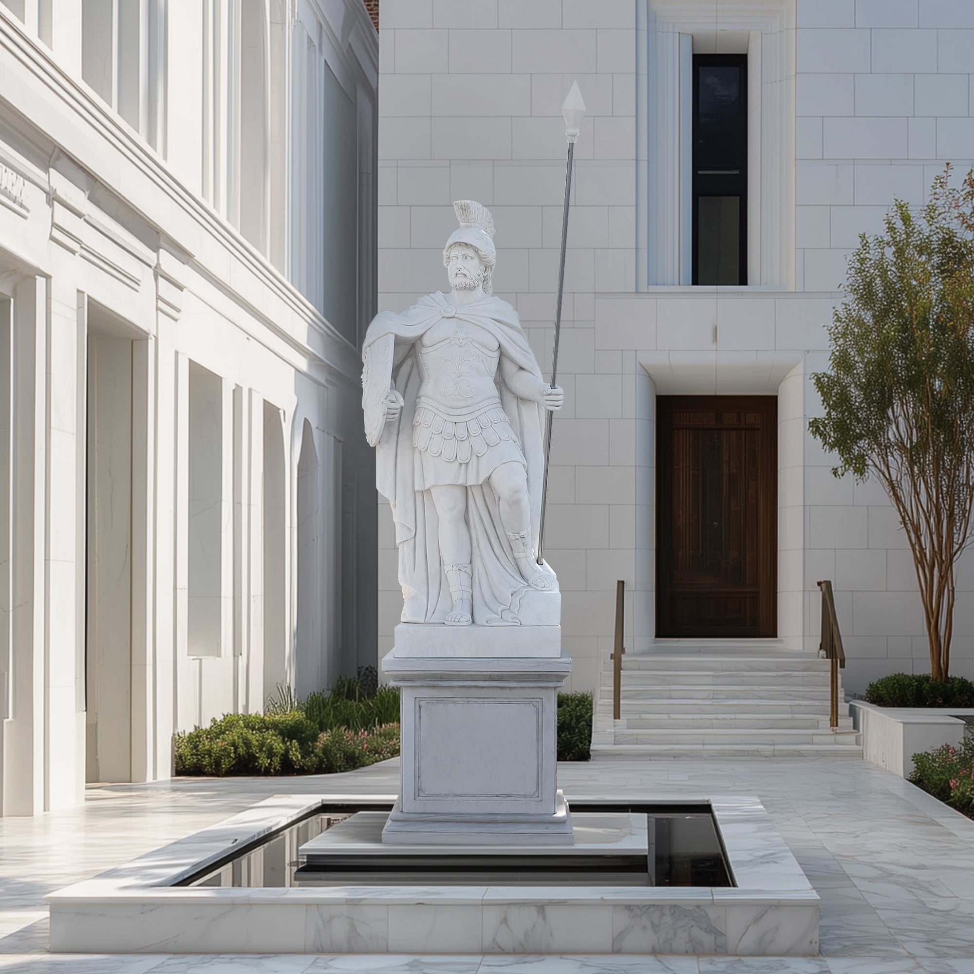 roman marble warrior statue with spear and shield classical male sculpture for villa courtyard garden and cultural space decoration