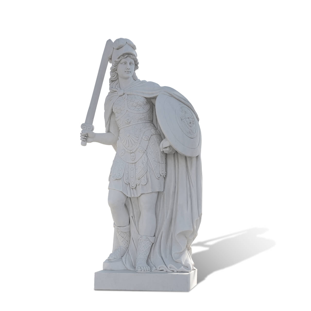 classical white marble female warrior sculpture holding sword and shield wearing roman armor and helmet