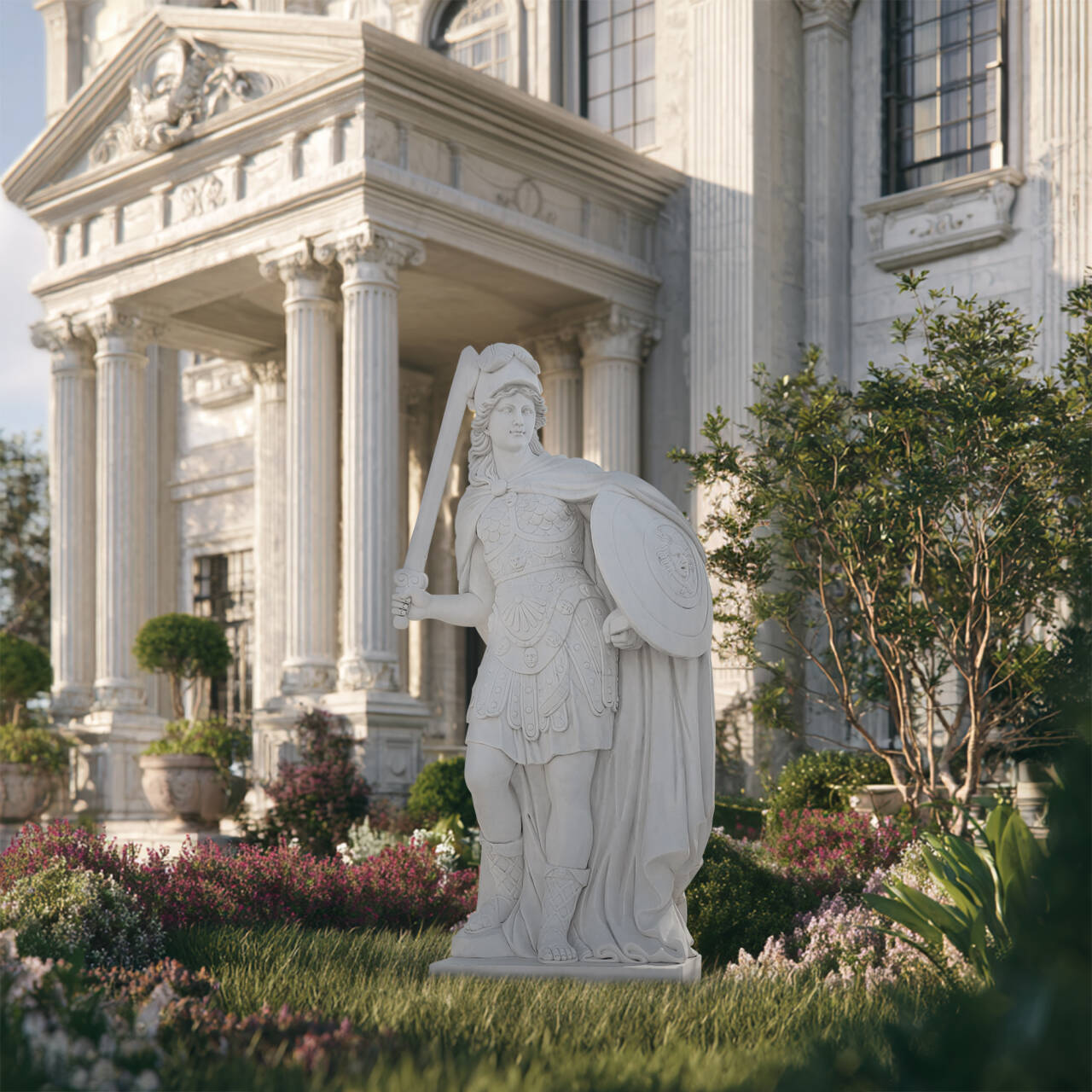 white marble roman female warrior statue with sword and shield in luxury classical garden landscape