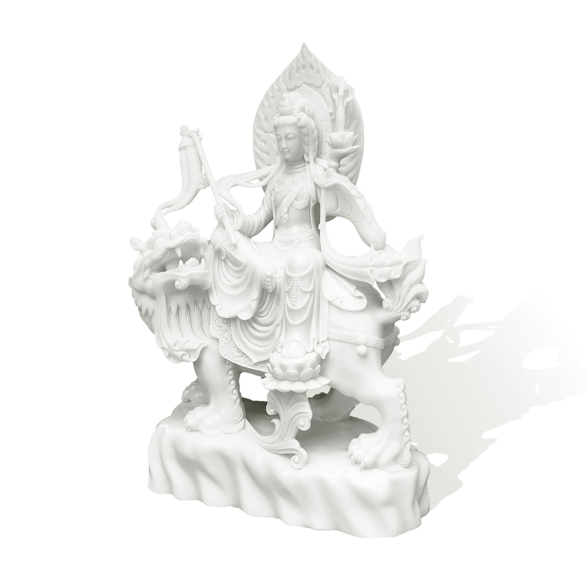 angled marble bodhisattva sculpture with halo sword and detailed robe buddhist marble statue for cultural spaces