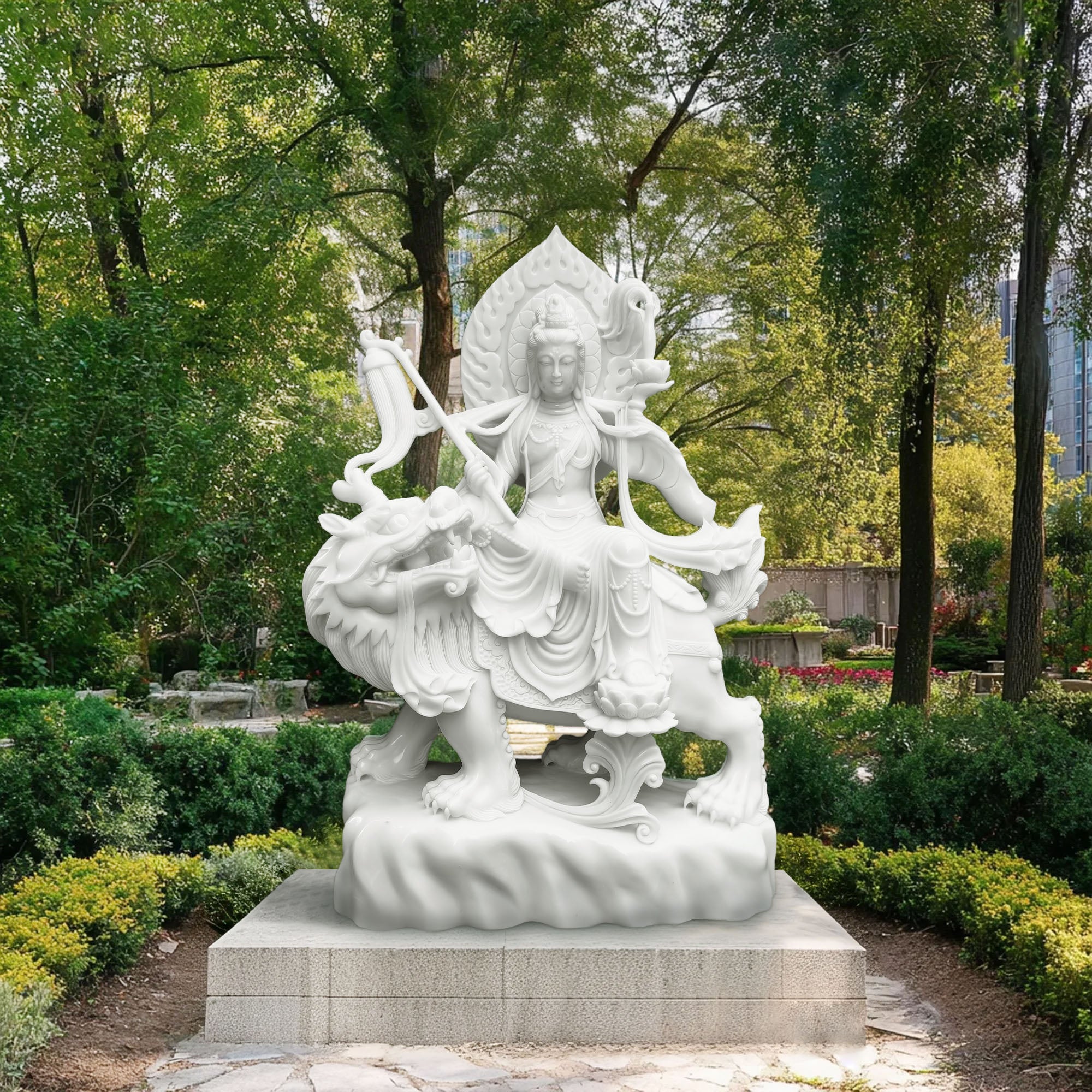 outdoor white marble bodhisattva statue on pedestal with lotus base halo for garden cultural landmark for sale
