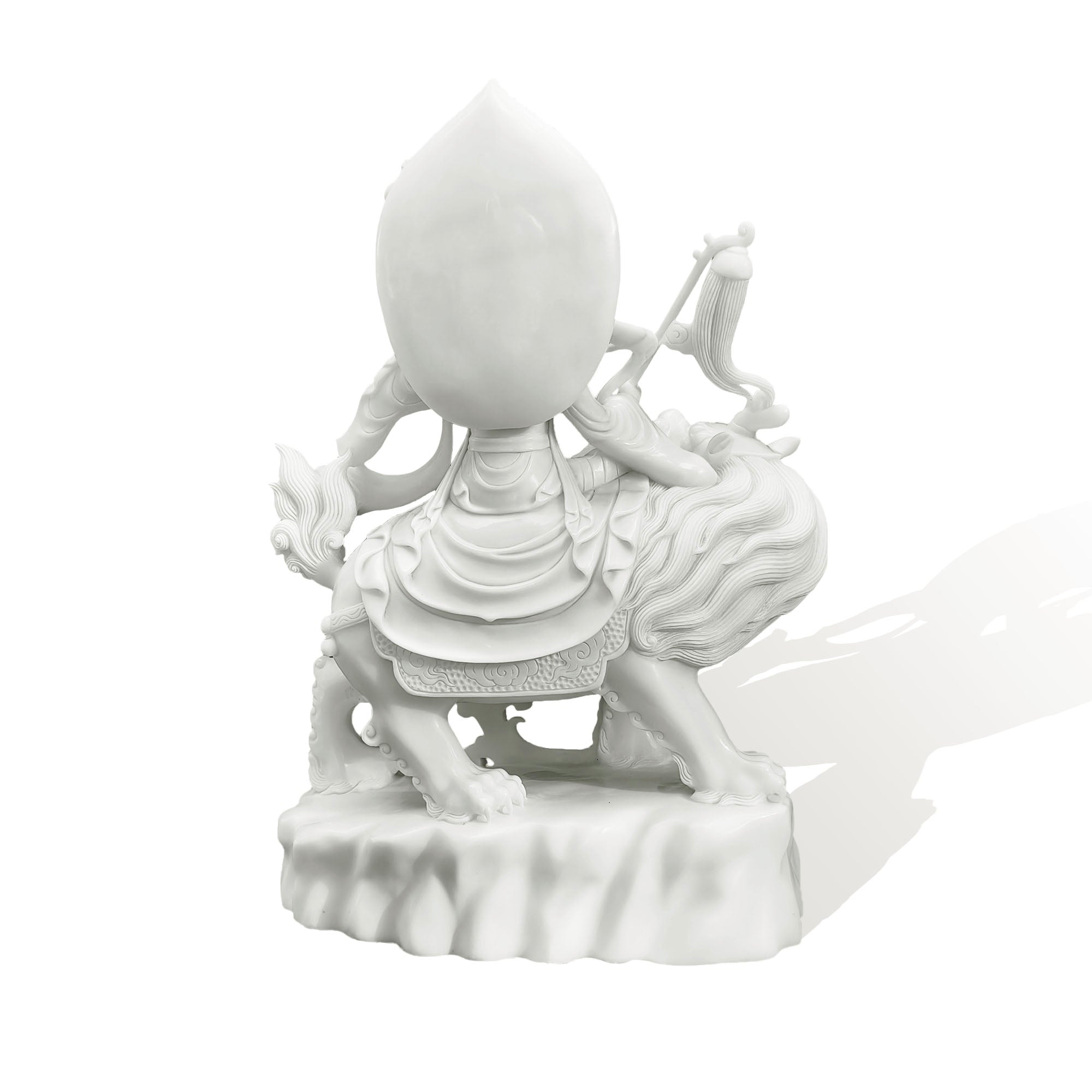 rear view marble bodhisattva statue showing robe folds back halo and lotus base traditional buddhist sculpture