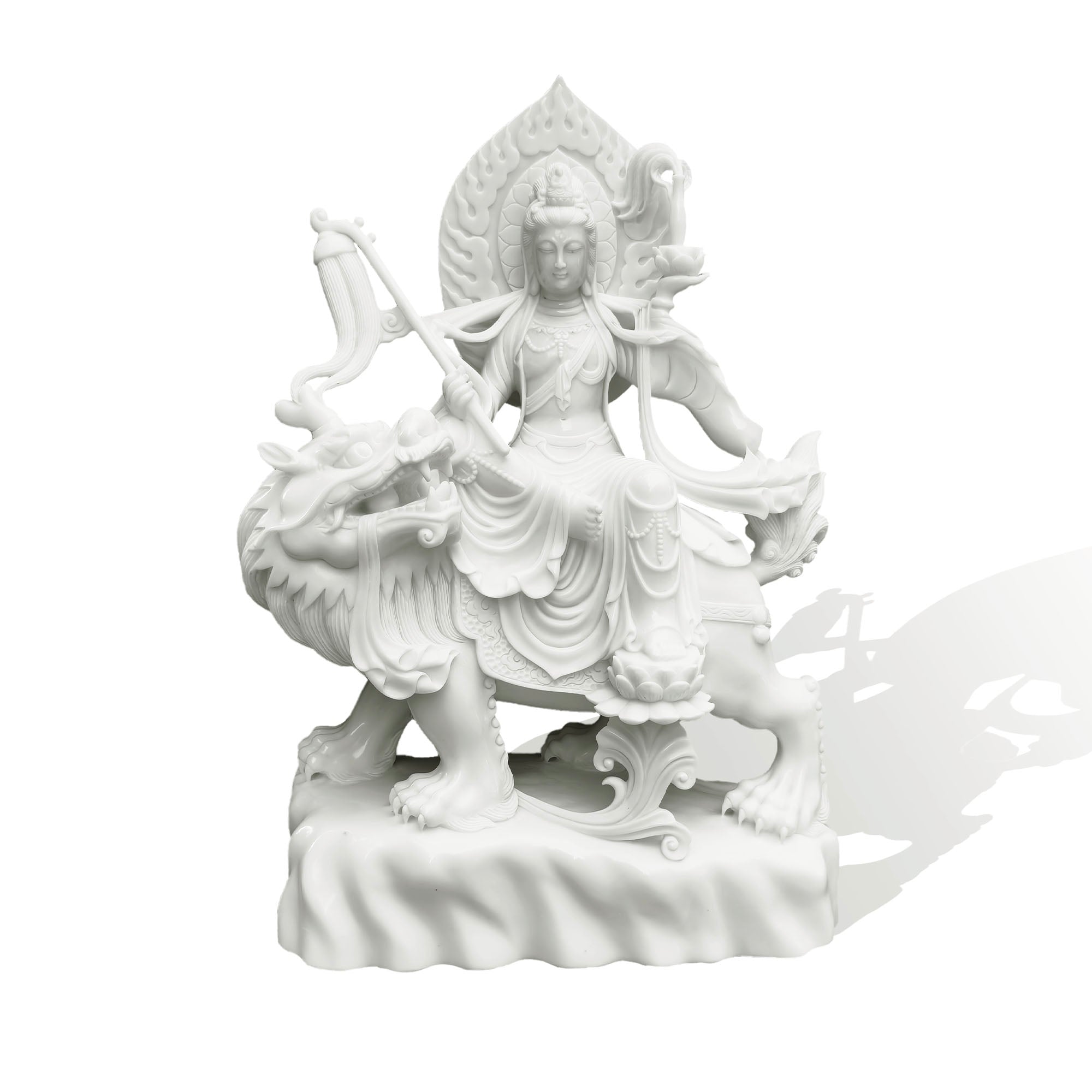 front view marble bodhisattva statue with halo sword flowing robe on lotus pedestal buddhist art decor