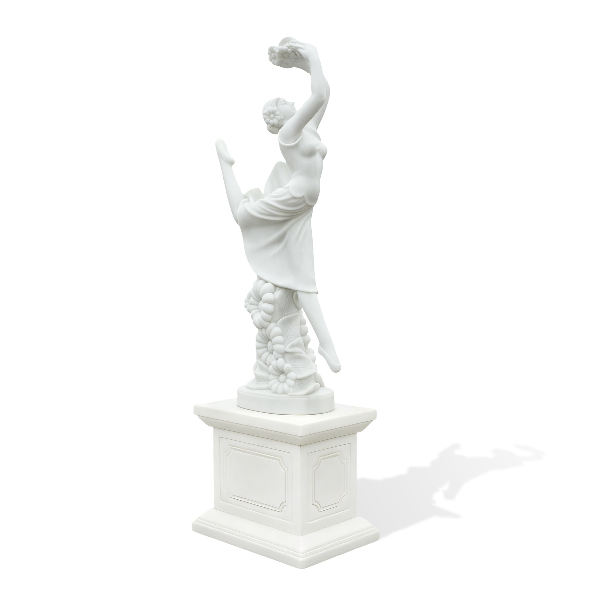 full view elegant white marble female statue floral pedestal garden courtyard outdoor landscape sculpture