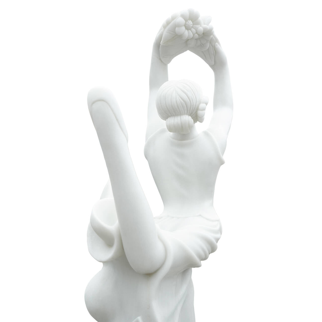 classical white marble dancing lady statue holding flower garland raised above head with sculpted hair and smooth finish