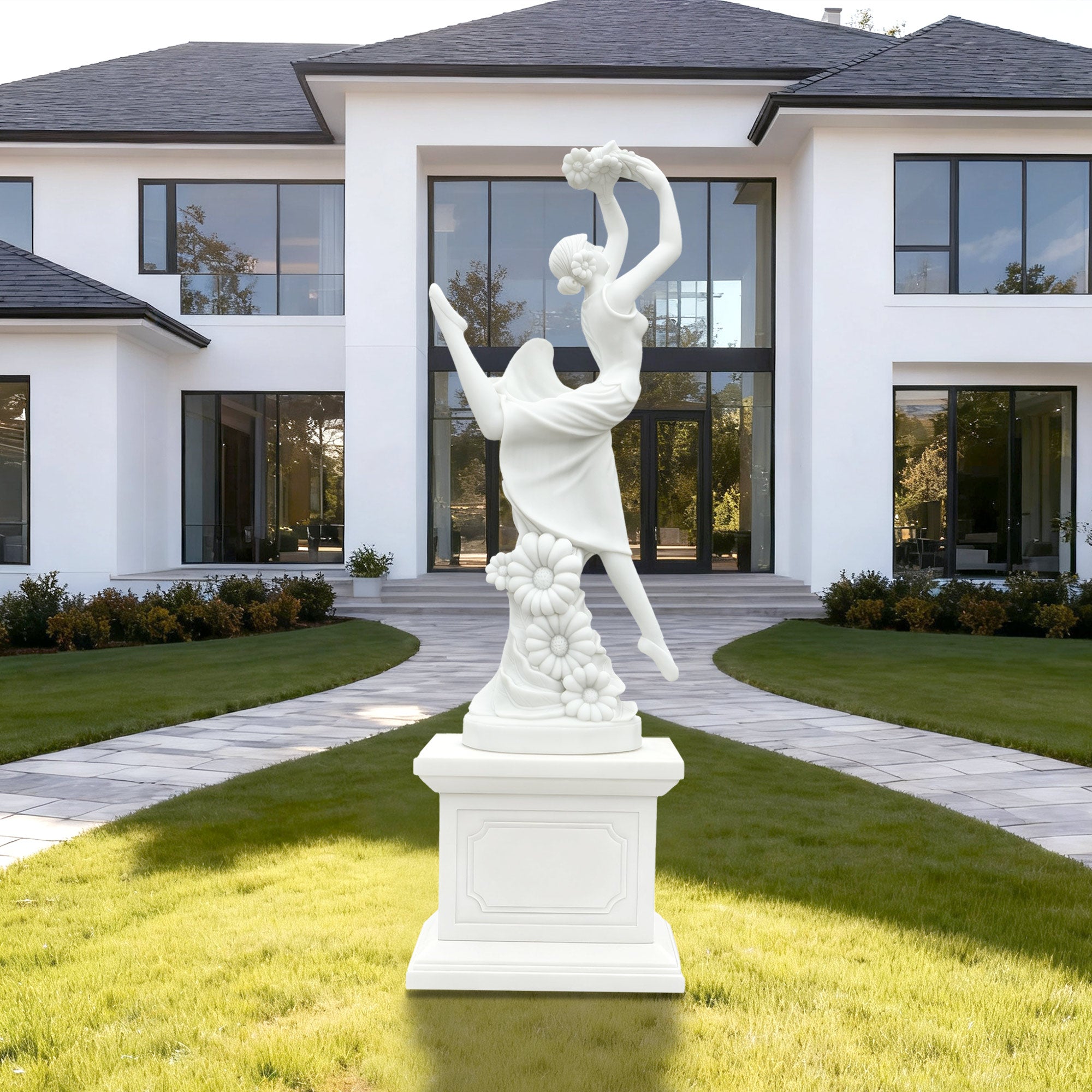 white marble dancing lady statue raised leg floral base outdoor garden decor villa courtyard sculpture