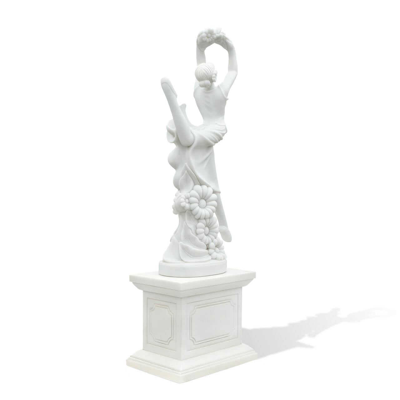 back view white marble lady sculpture holding flower garland villa garden landscape outdoor decor statue