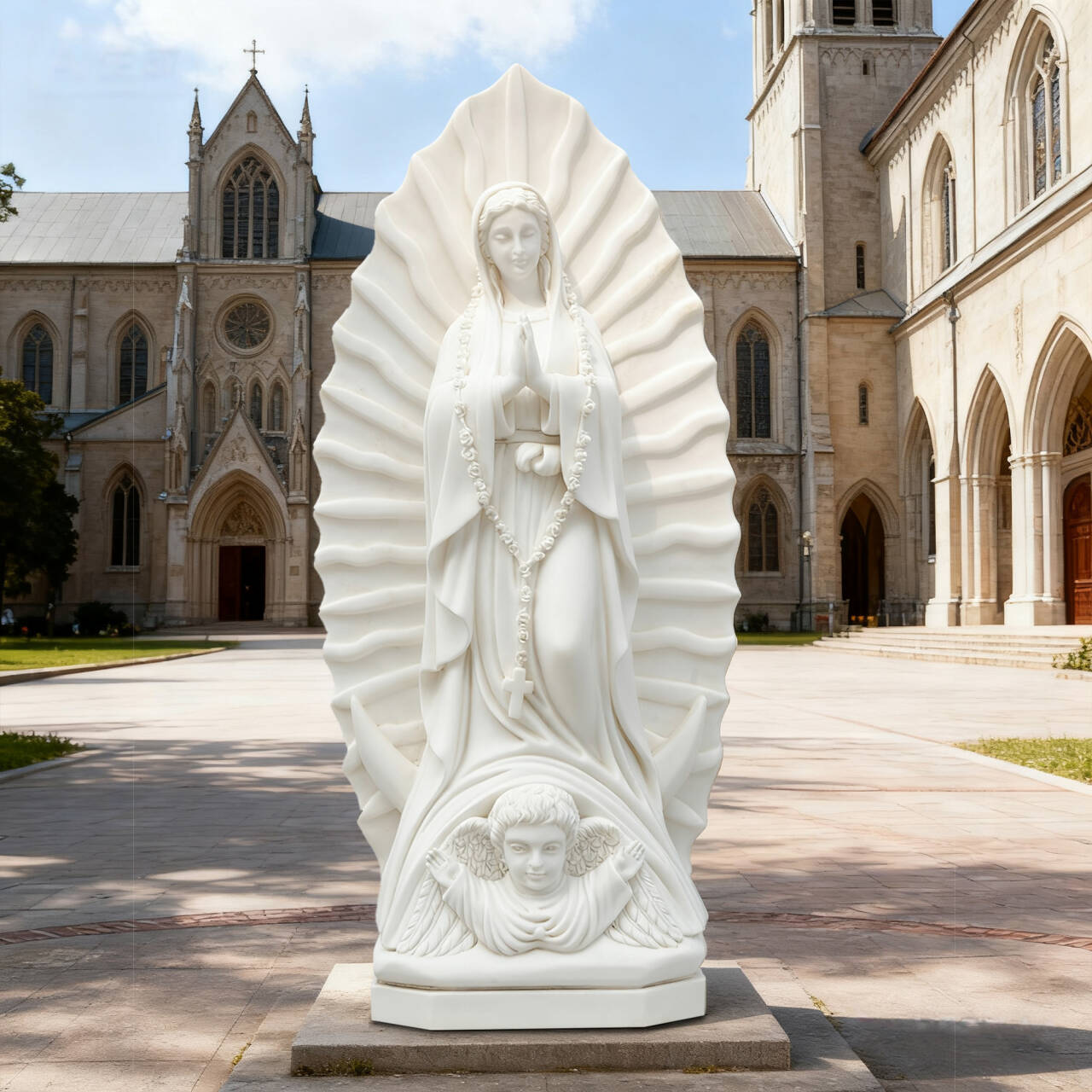outdoor marble virgin mary statue in front church catholic religious monument