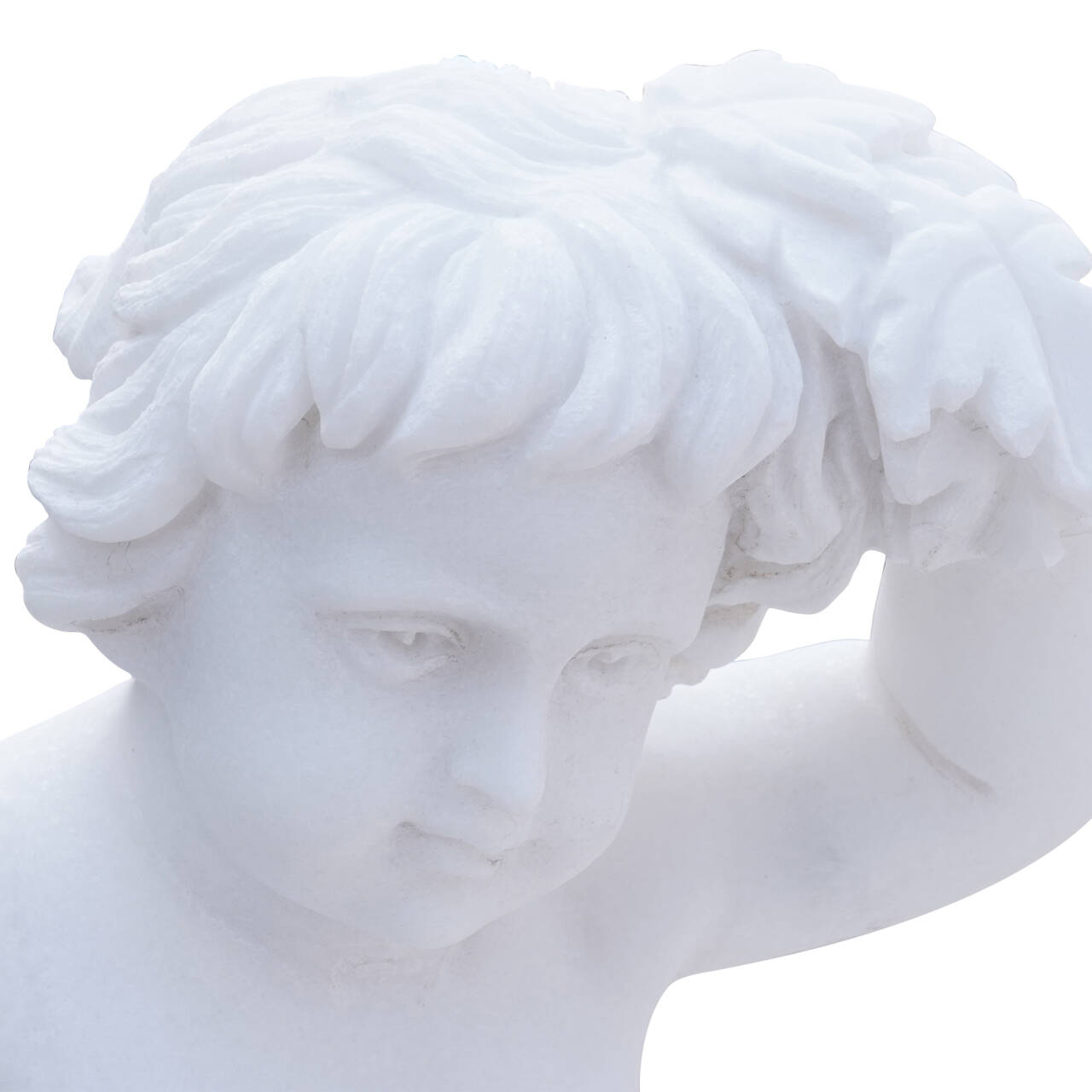 angelic cherub head detail in pure white marble, finely carved facial expression showcasing craftsmanship of classical marble artwork for luxury décor.