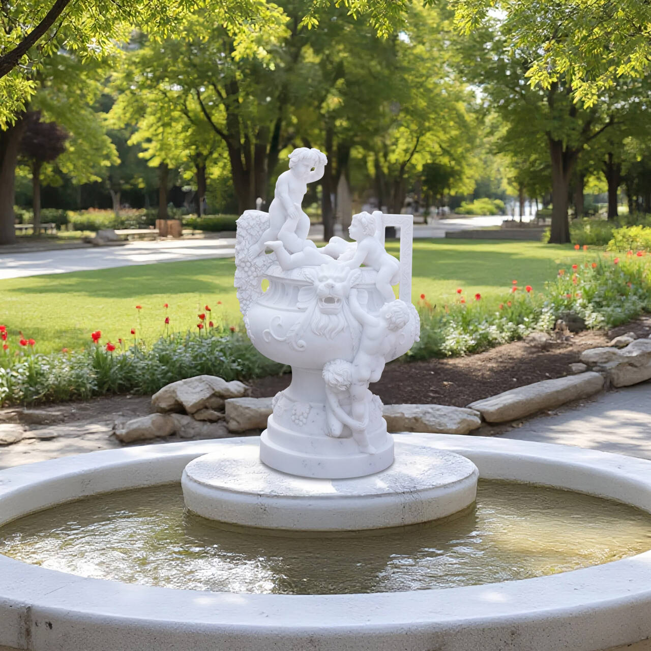 outdoor installation of white marble cherub sculpture with lion head mask and putti figures, classical hand-carved garden centerpiece.