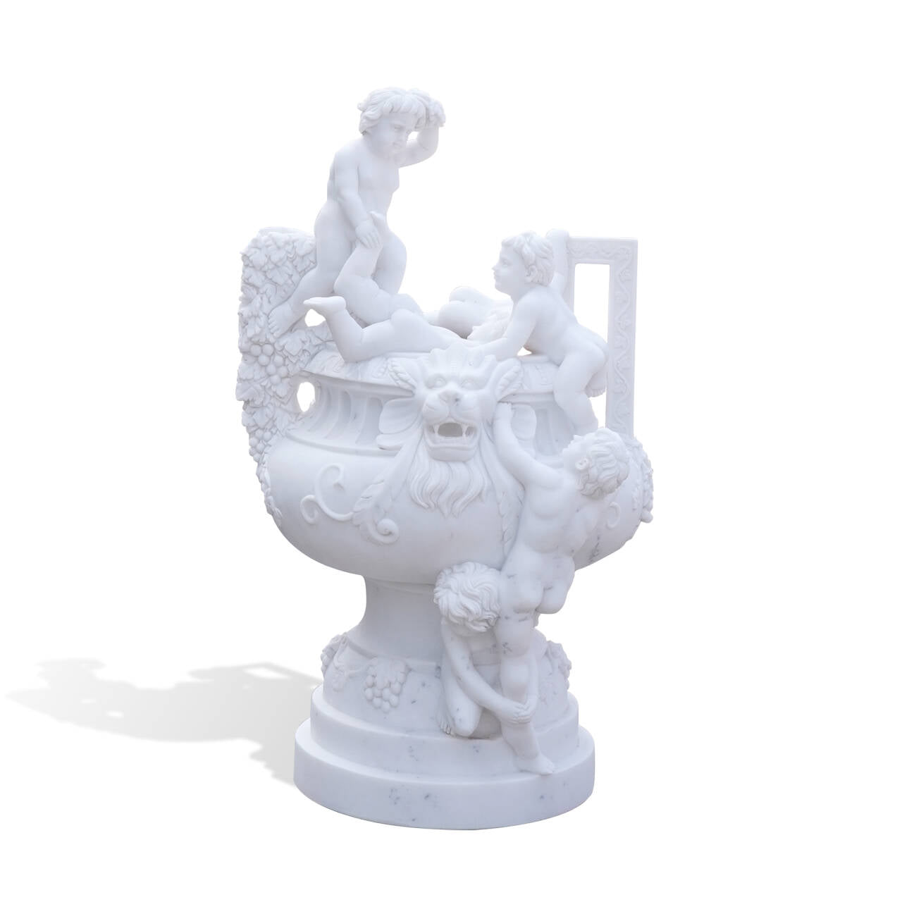 front view of white marble cherub urn sculpture with lion head and grapevine motifs, hand-carved classical marble art for gardens and villas.